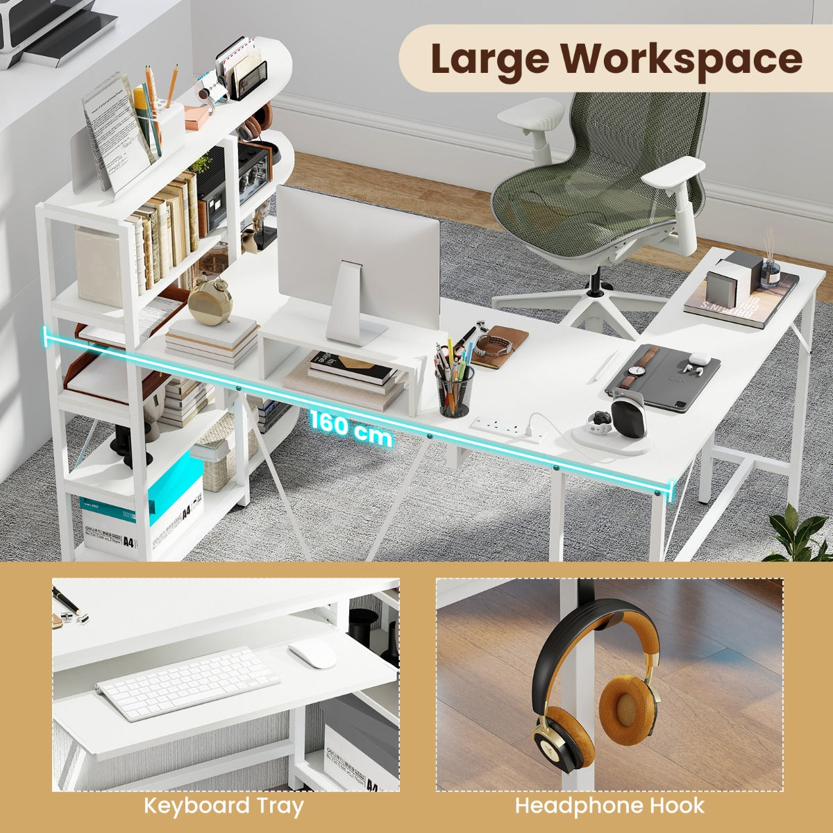 LIVSK L-vormige computertafel - Oplaadstation met 2 stopcontacten - Ergonomische monitorstandaard - 5-laags rek - Wit