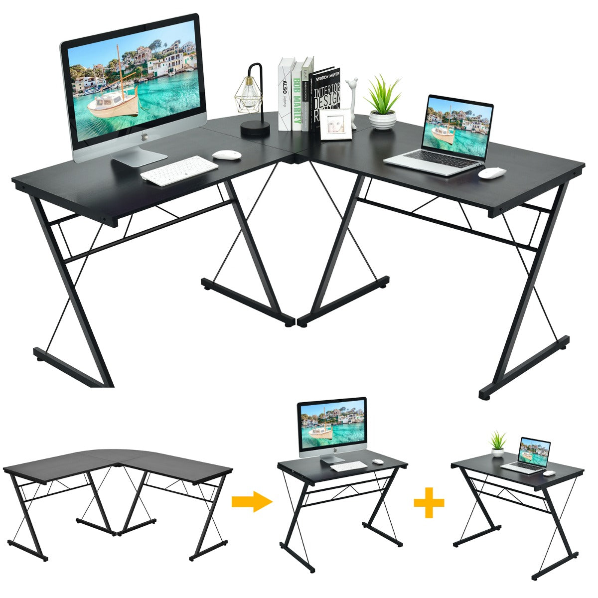 LIVSK L-vormig Bureau - Ruimtebesparend en Stevig - P2 MDF en IJzeren Buizen - Eenvoudige Montage - 150 x 150 x 76 cm - Zwart