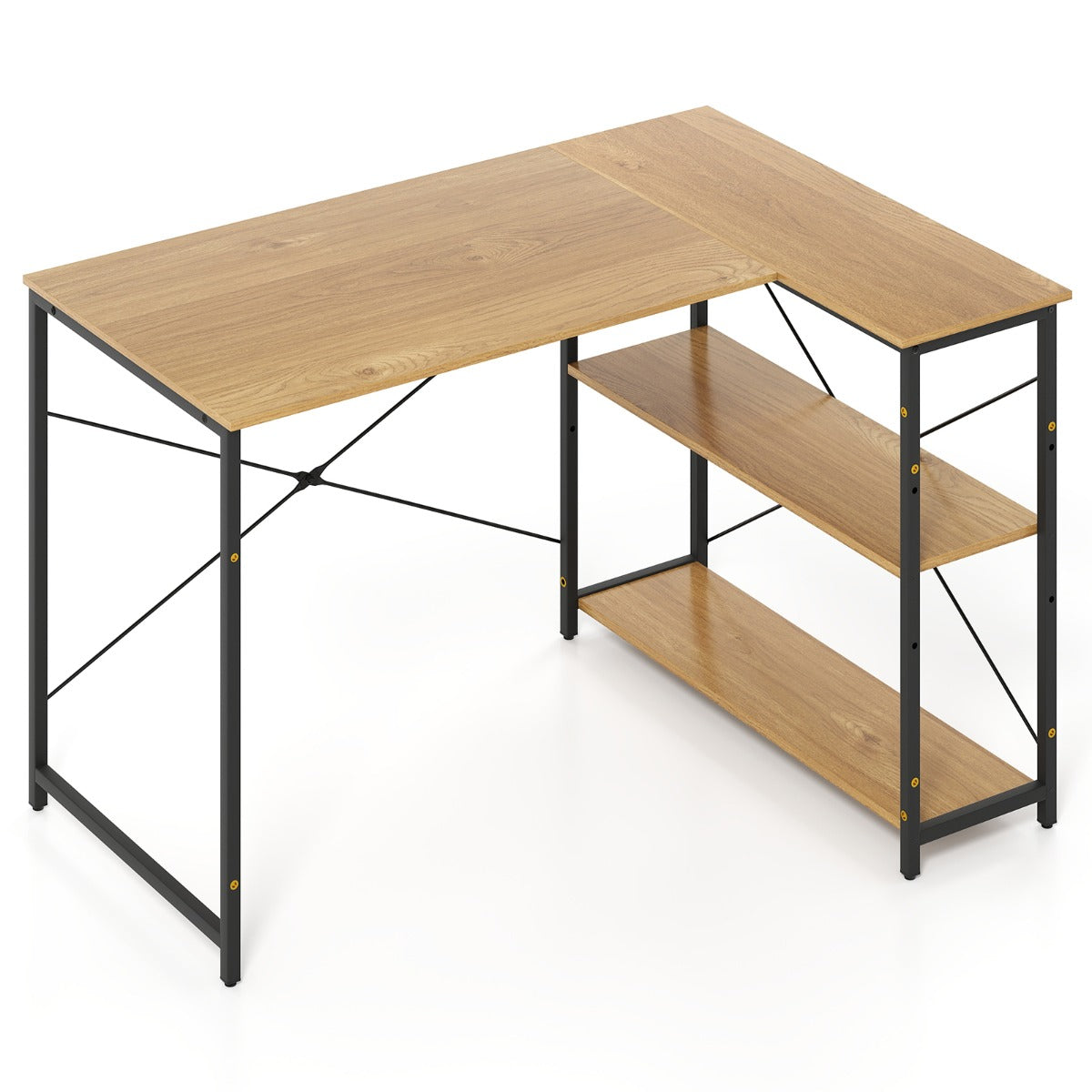 LIVSK L-vormig bureau - Verstelbare planken - Robuust metalen frame - Tot 130 kg - Ideaal voor kleine ruimtes - Natuurlijk + zwart