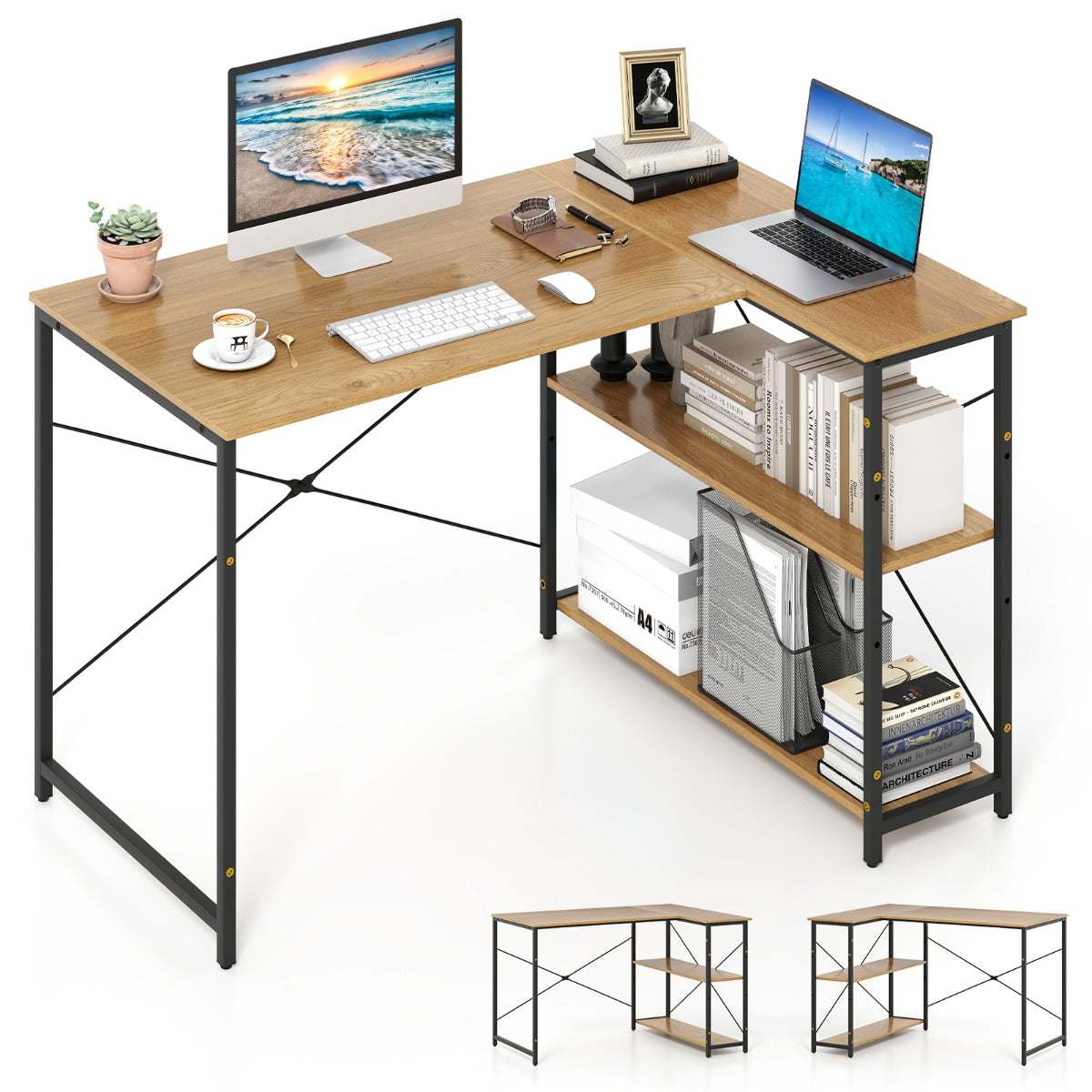 LIVSK L-vormig bureau - Verstelbare planken - Robuust metalen frame - Tot 130 kg - Ideaal voor kleine ruimtes - Natuurlijk + zwart
