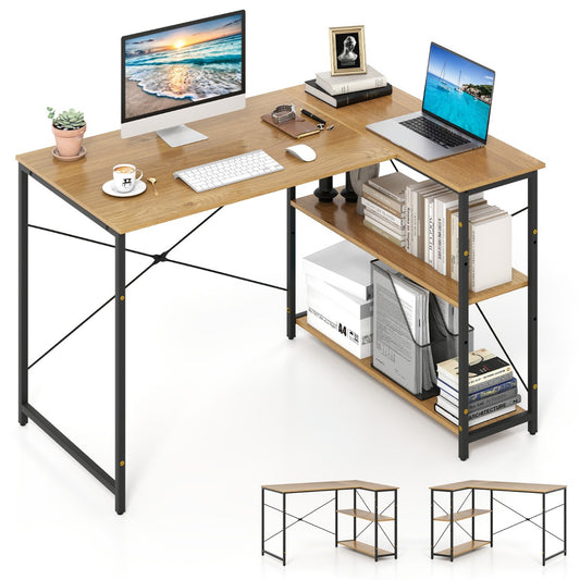 LIVSK L-vormig bureau - Verstelbare planken - Robuust metalen frame - Tot 130 kg - Ideaal voor kleine ruimtes - Natuurlijk + zwart