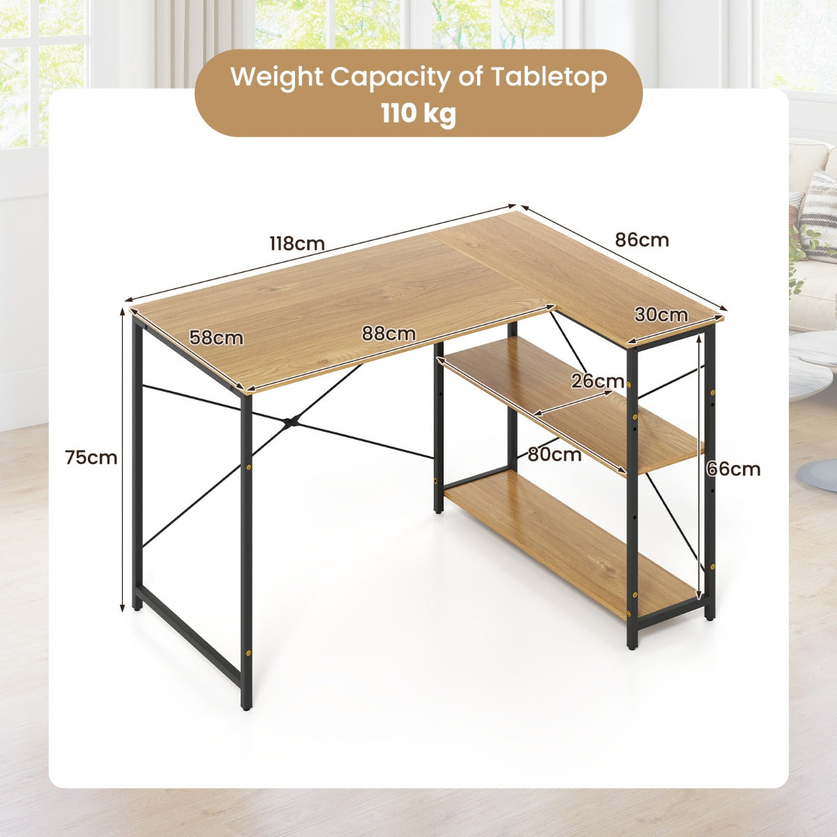 LIVSK L-vormig bureau - Verstelbare planken - Robuust metalen frame - Tot 130 kg - Ideaal voor kleine ruimtes - Natuurlijk + zwart
