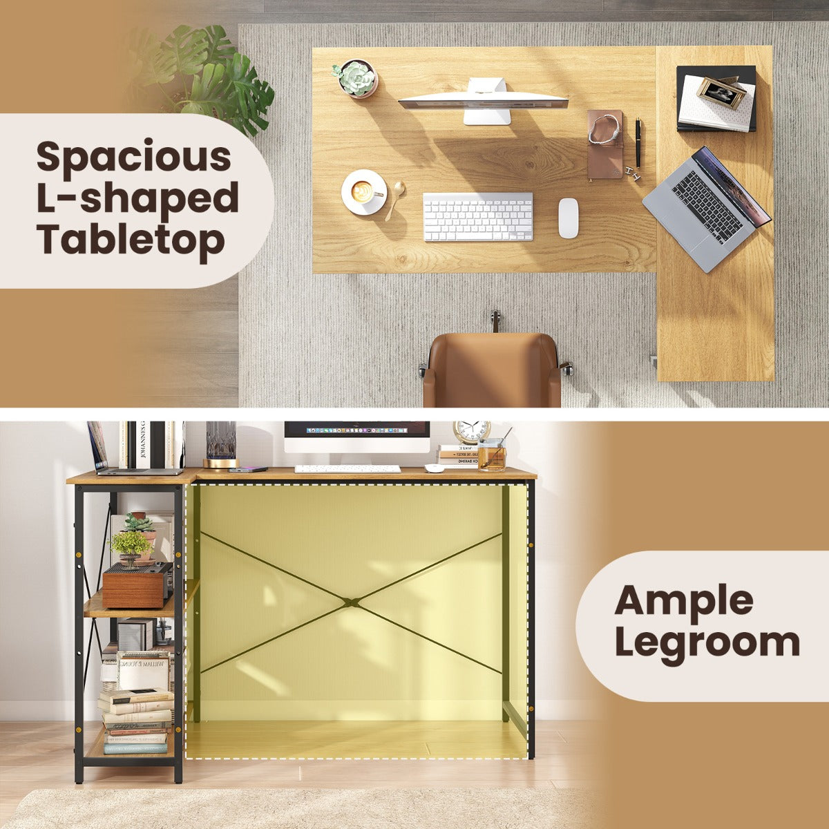 LIVSK L-vormig bureau - Verstelbare planken - Robuust metalen frame - Tot 130 kg - Ideaal voor kleine ruimtes - Natuurlijk + zwart