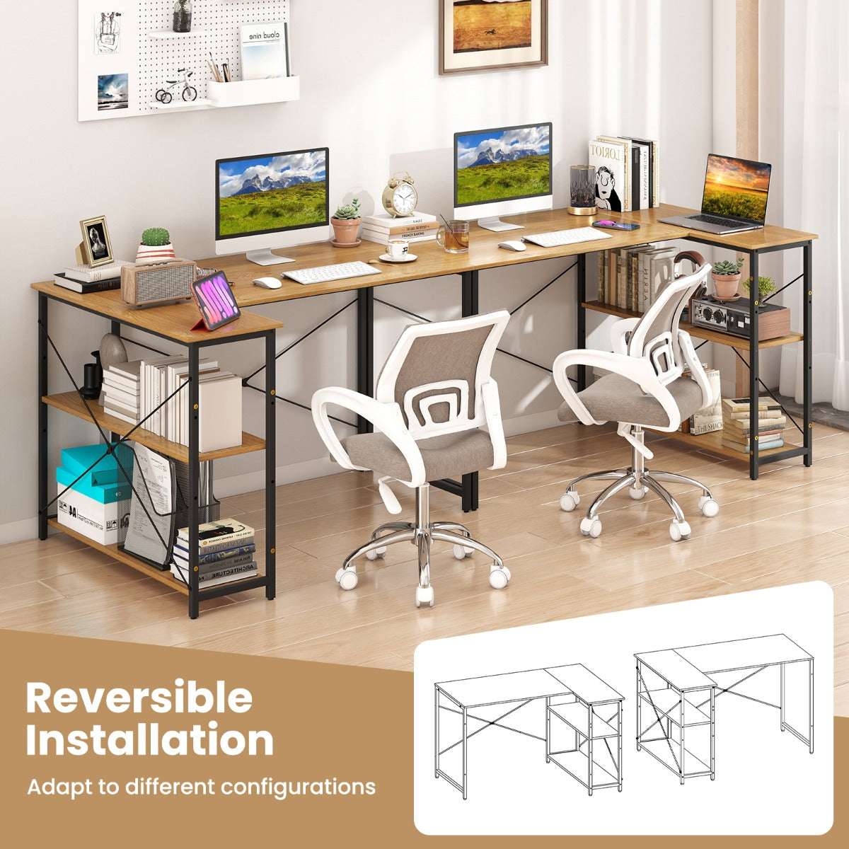 LIVSK L-vormig bureau - Verstelbare planken - Robuust metalen frame - Tot 130 kg - Ideaal voor kleine ruimtes - Natuurlijk + zwart