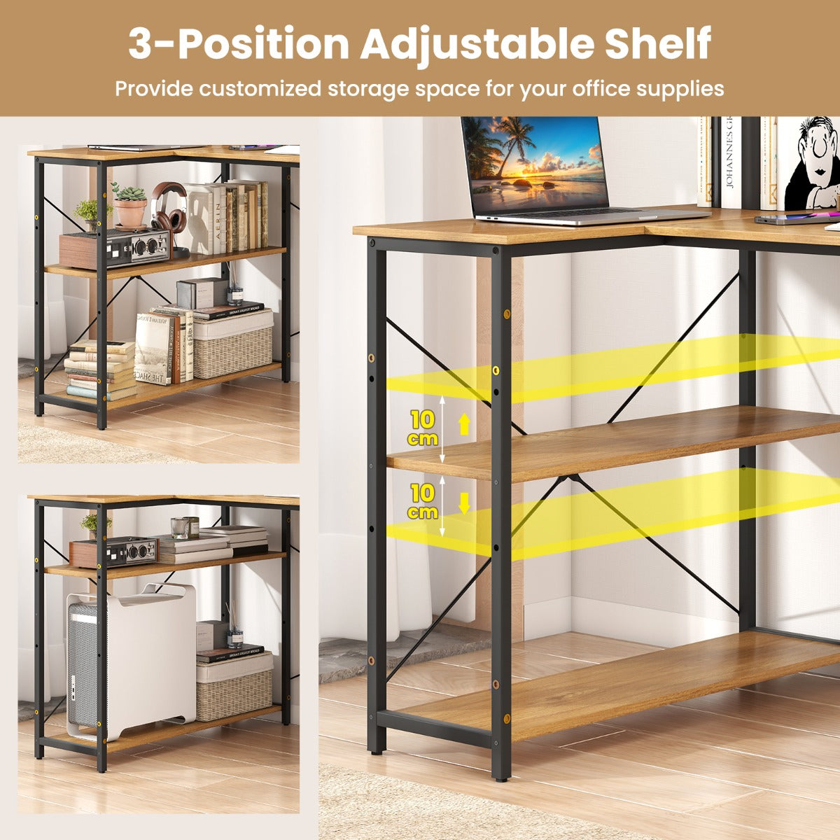LIVSK L-vormig bureau - Verstelbare planken - Robuust metalen frame - Tot 130 kg - Ideaal voor kleine ruimtes - Natuurlijk + zwart