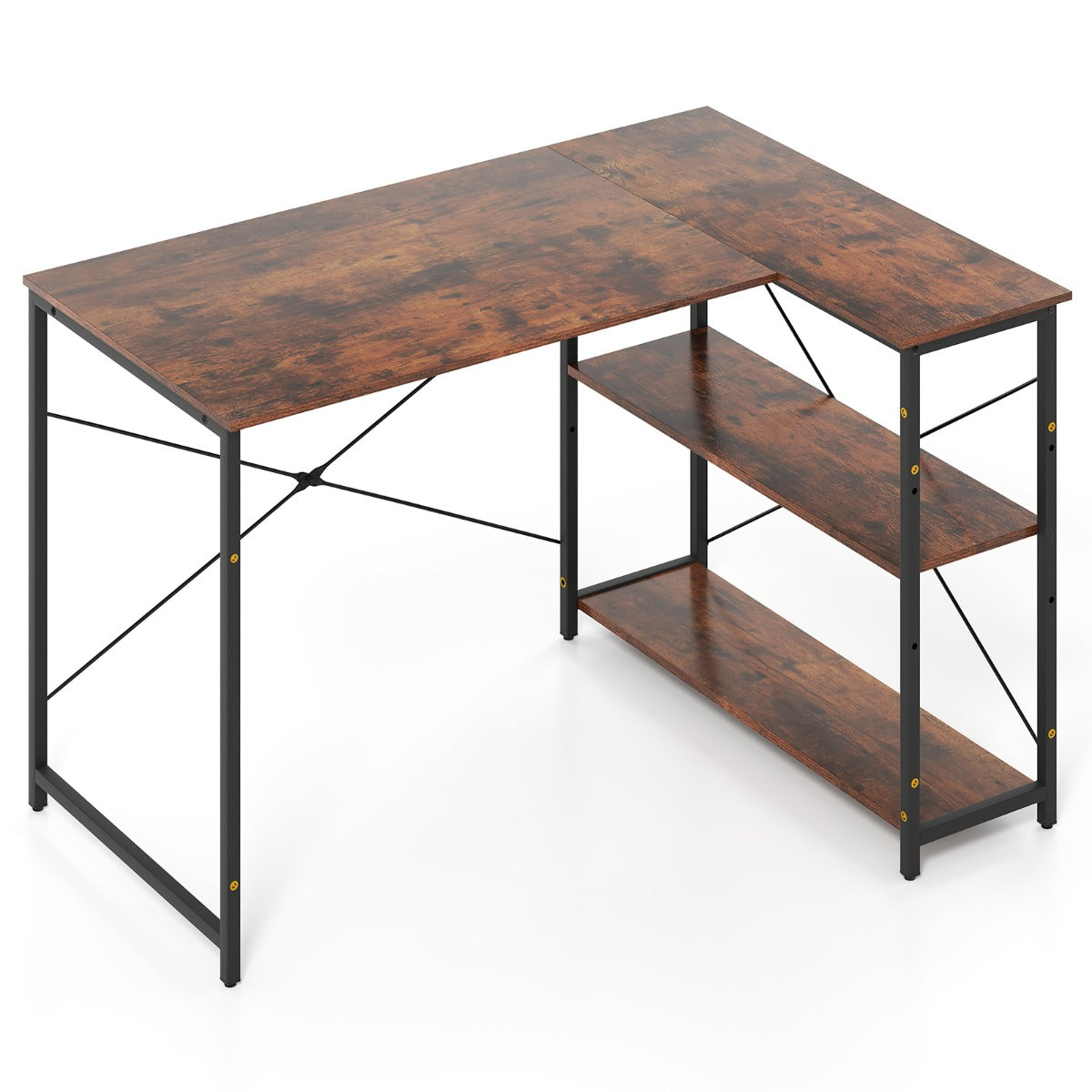 LIVSK L-vormig bureau - Verstelbare planken - Robuust metalen frame - Tot 130 kg - Ideaal voor kleine ruimtes - Rustiek bruin +