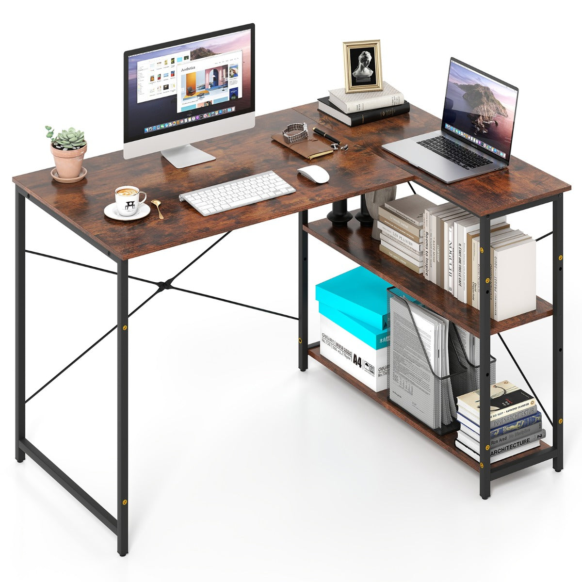 LIVSK L-vormig bureau - Verstelbare planken - Robuust metalen frame - Tot 130 kg - Ideaal voor kleine ruimtes - Rustiek bruin +