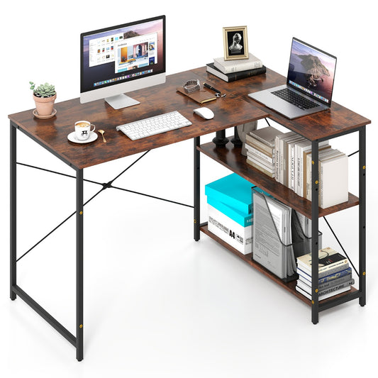 LIVSK L-vormig bureau - Verstelbare planken - Robuust metalen frame - Tot 130 kg - Ideaal voor kleine ruimtes - Rustiek bruin +