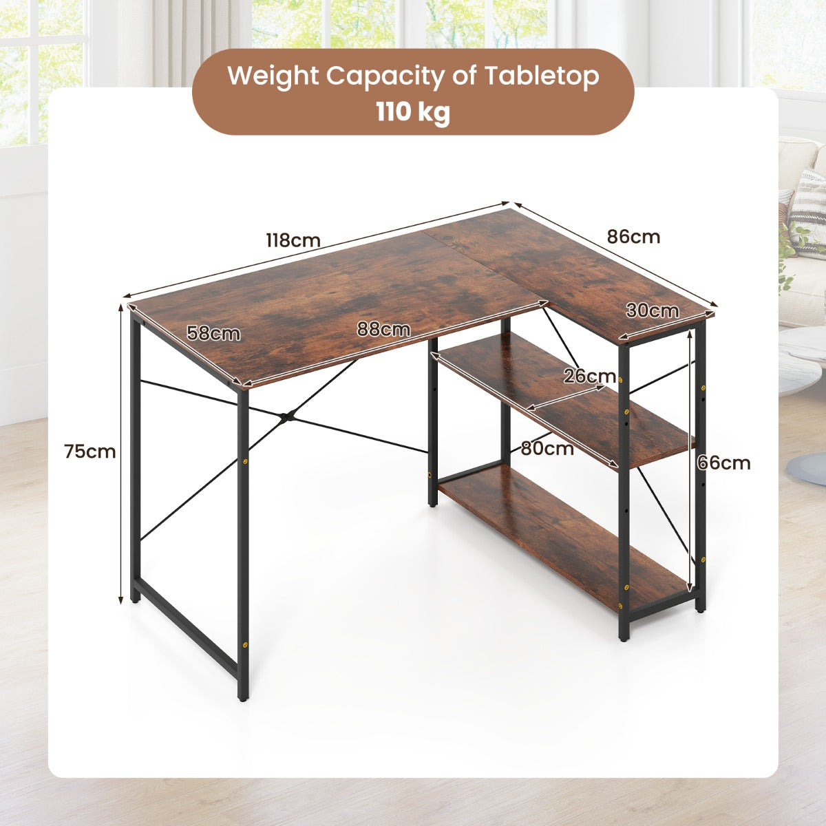 LIVSK L-vormig bureau - Verstelbare planken - Robuust metalen frame - Tot 130 kg - Ideaal voor kleine ruimtes - Rustiek bruin +