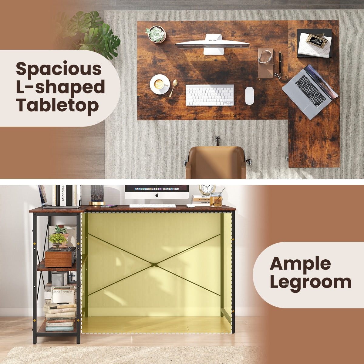 LIVSK L-vormig bureau - Verstelbare planken - Robuust metalen frame - Tot 130 kg - Ideaal voor kleine ruimtes - Rustiek bruin +