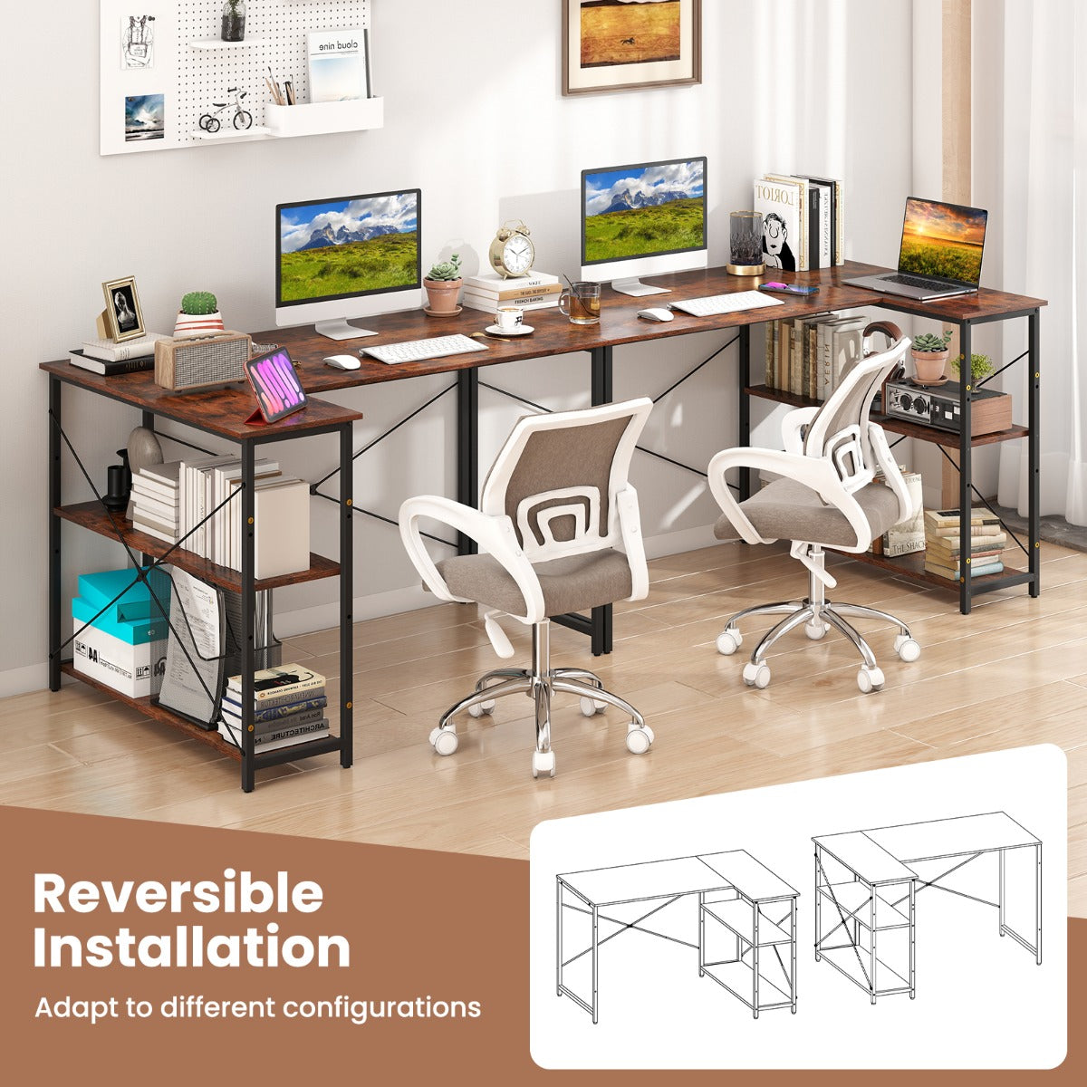 LIVSK L-vormig bureau - Verstelbare planken - Robuust metalen frame - Tot 130 kg - Ideaal voor kleine ruimtes - Rustiek bruin +