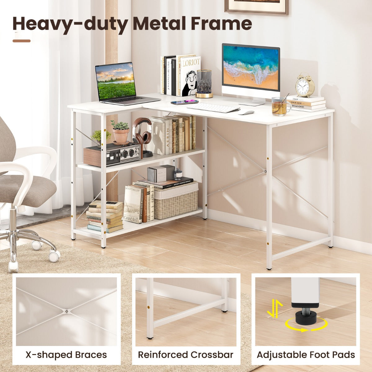 LIVSK L-vormig bureau - Verstelbare planken - Omkeerbaar ontwerp - Robuust metalen frame - Tot 130 kg - Wit