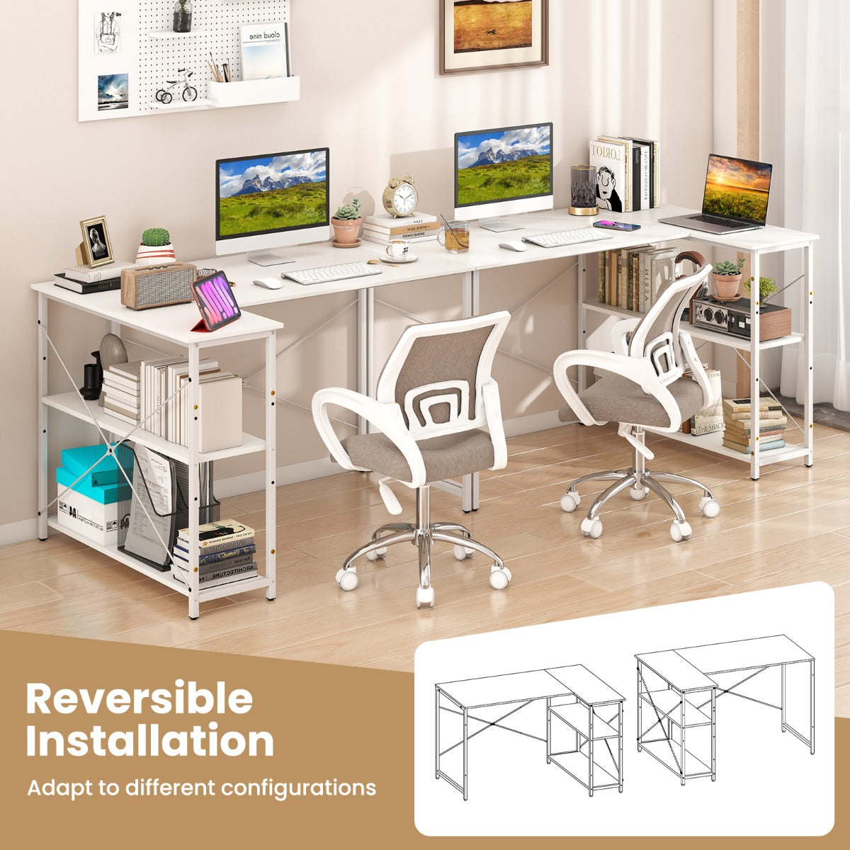 LIVSK L-vormig bureau - Verstelbare planken - Omkeerbaar ontwerp - Robuust metalen frame - Tot 130 kg - Wit