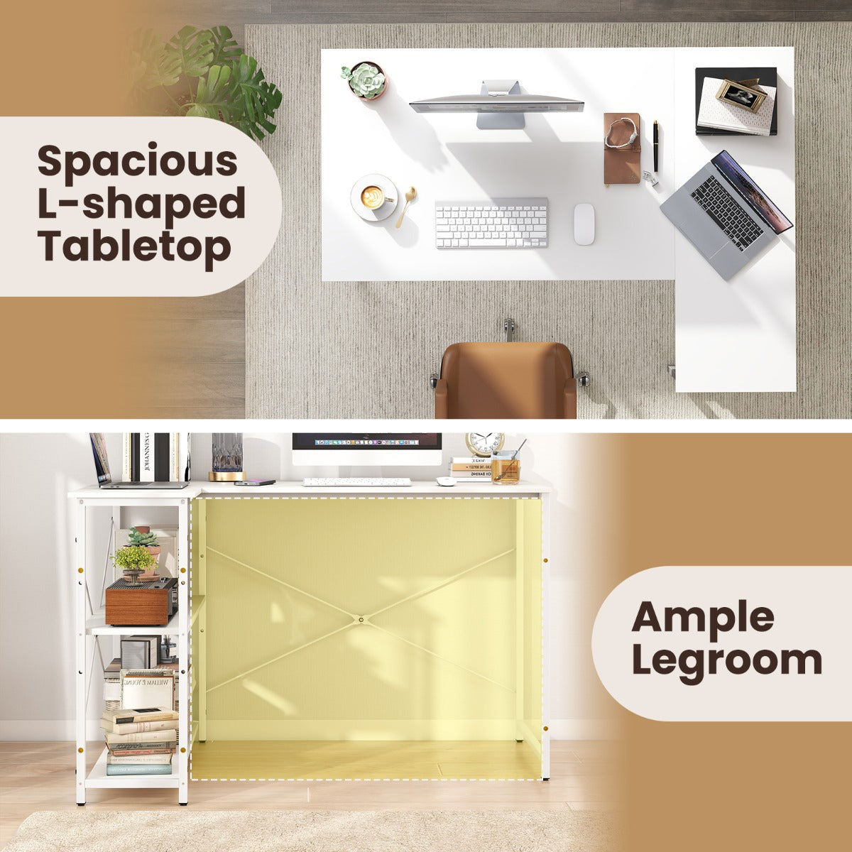 LIVSK L-vormig bureau - Verstelbare planken - Omkeerbaar ontwerp - Robuust metalen frame - Tot 130 kg - Wit