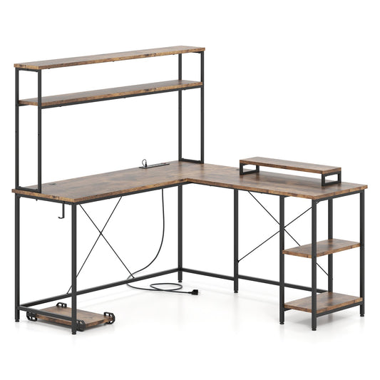 LIVSK Gaming Bureau met LED-strip - Oplaadstation - Monitorstandaard - Hoofdtelefoonhaak - 145 x 145 x 147 cm - Rustiek bruin