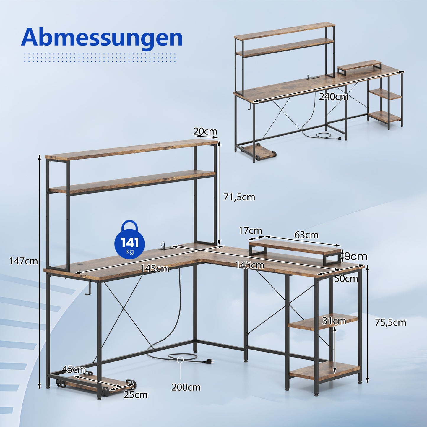 LIVSK Gaming Bureau met LED-strip - Oplaadstation - Monitorstandaard - Hoofdtelefoonhaak - 145 x 145 x 147 cm - Rustiek bruin