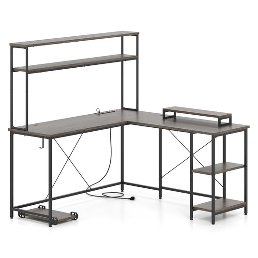 LIVSK Gaming Bureau met LED-Verlichting - Ingebouwde Oplaadstation - Ergonomisch Ontwerp - Ruime Planken - Grijs