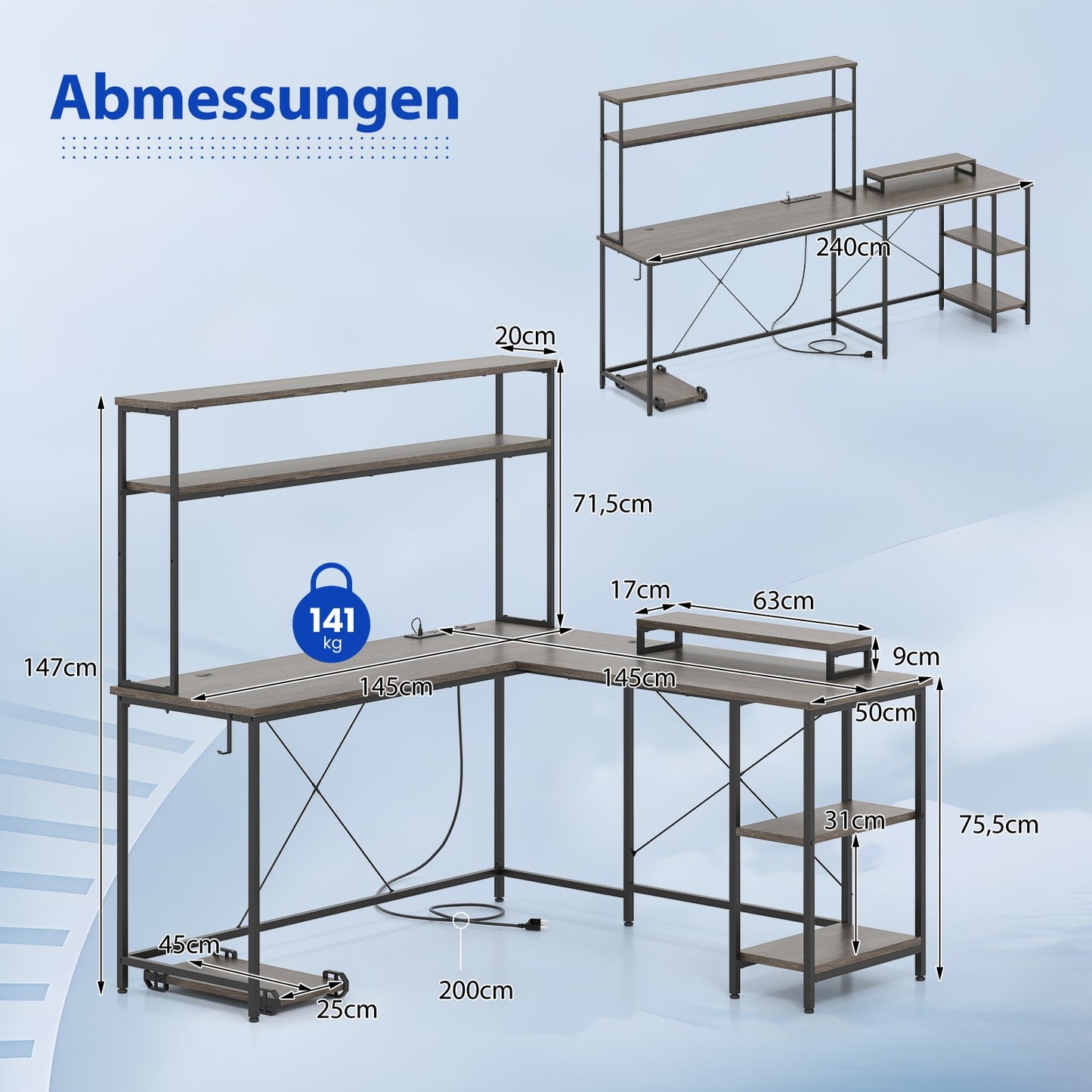 LIVSK Gaming Bureau met LED-Verlichting - Ingebouwde Oplaadstation - Ergonomisch Ontwerp - Ruime Planken - Grijs