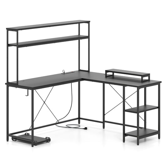 LIVSK Gaming Bureau met LED-strip - Oplaadstation met 4 Stopcontacten - Omkeerbaar Ontwerp - Ruim L-vormig - Zwart