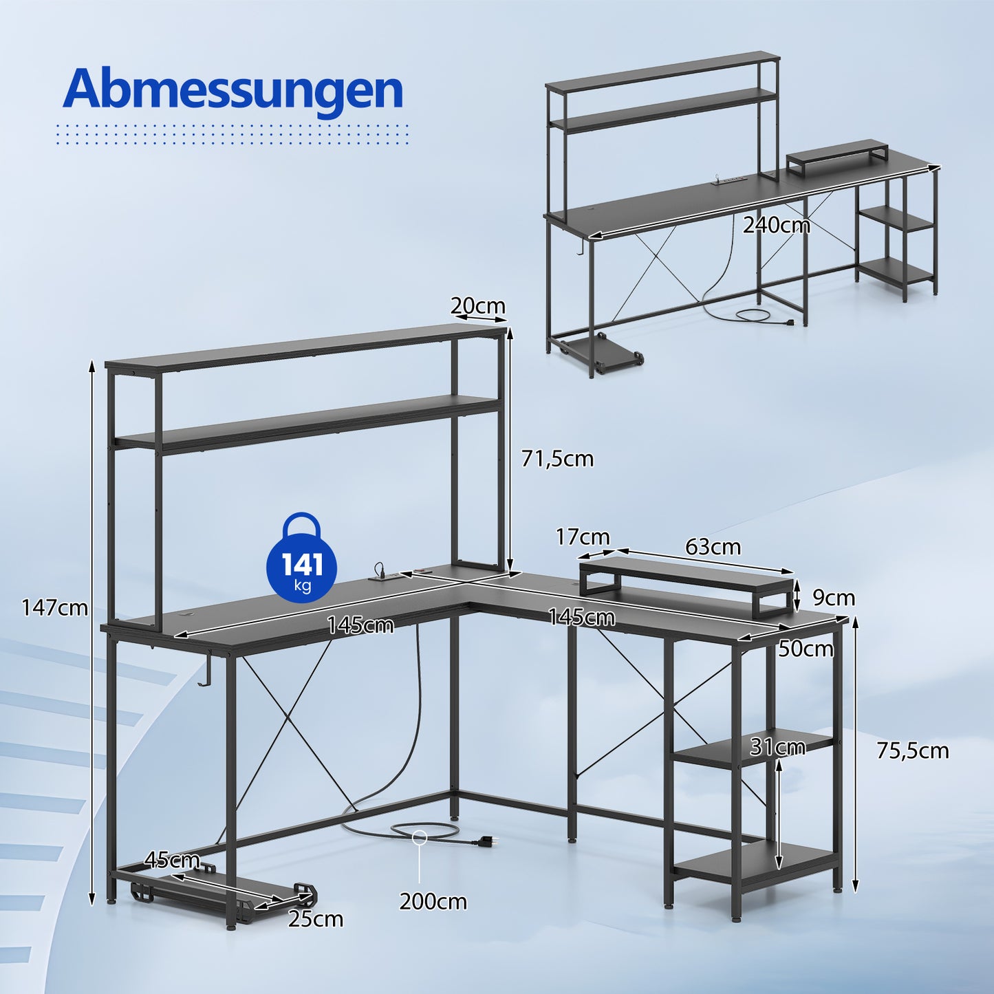 LIVSK Gaming Bureau met LED-strip - Oplaadstation met 4 Stopcontacten - Omkeerbaar Ontwerp - Ruim L-vormig - Zwart