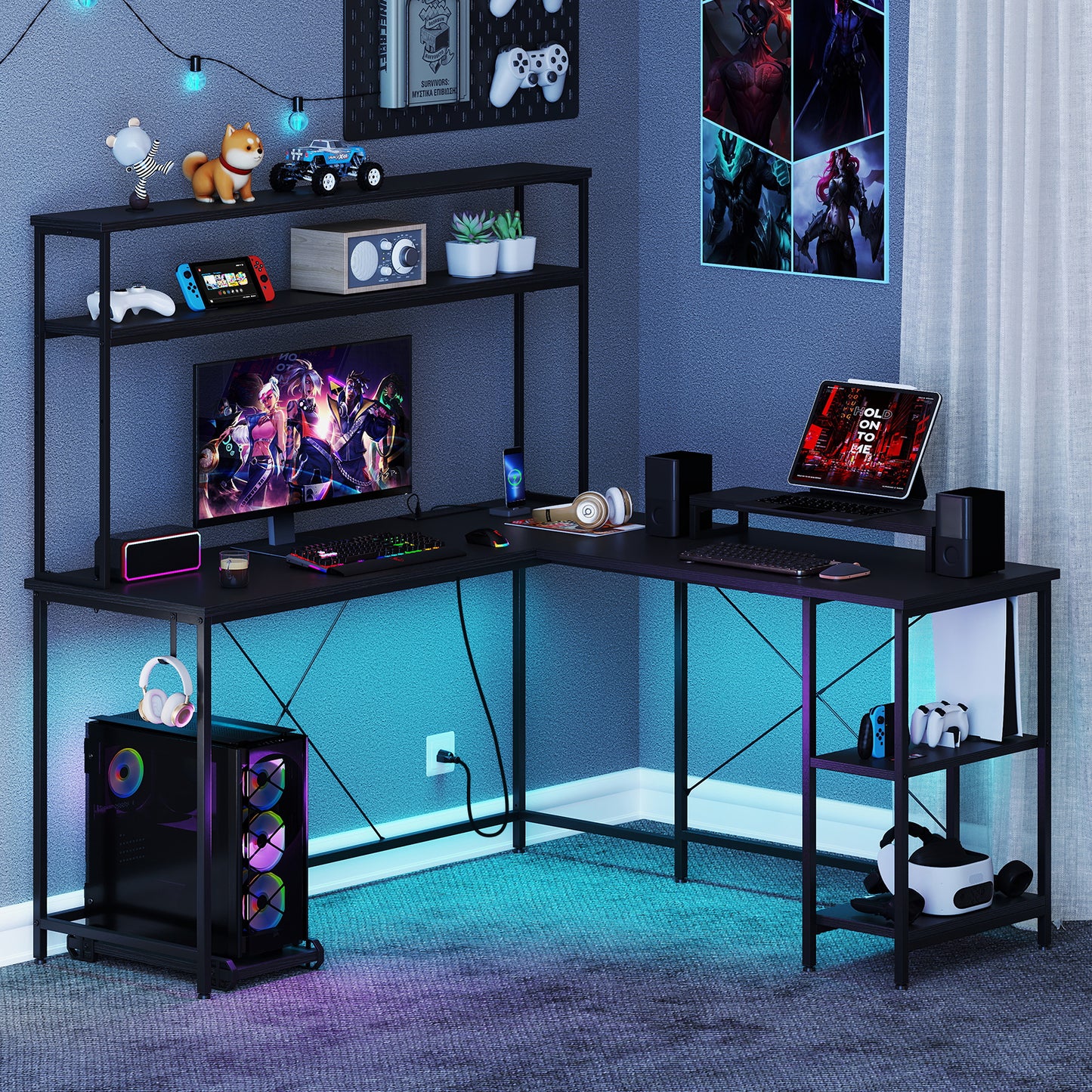 LIVSK Gaming Bureau met LED-strip - Oplaadstation met 4 Stopcontacten - Omkeerbaar Ontwerp - Ruim L-vormig - Zwart