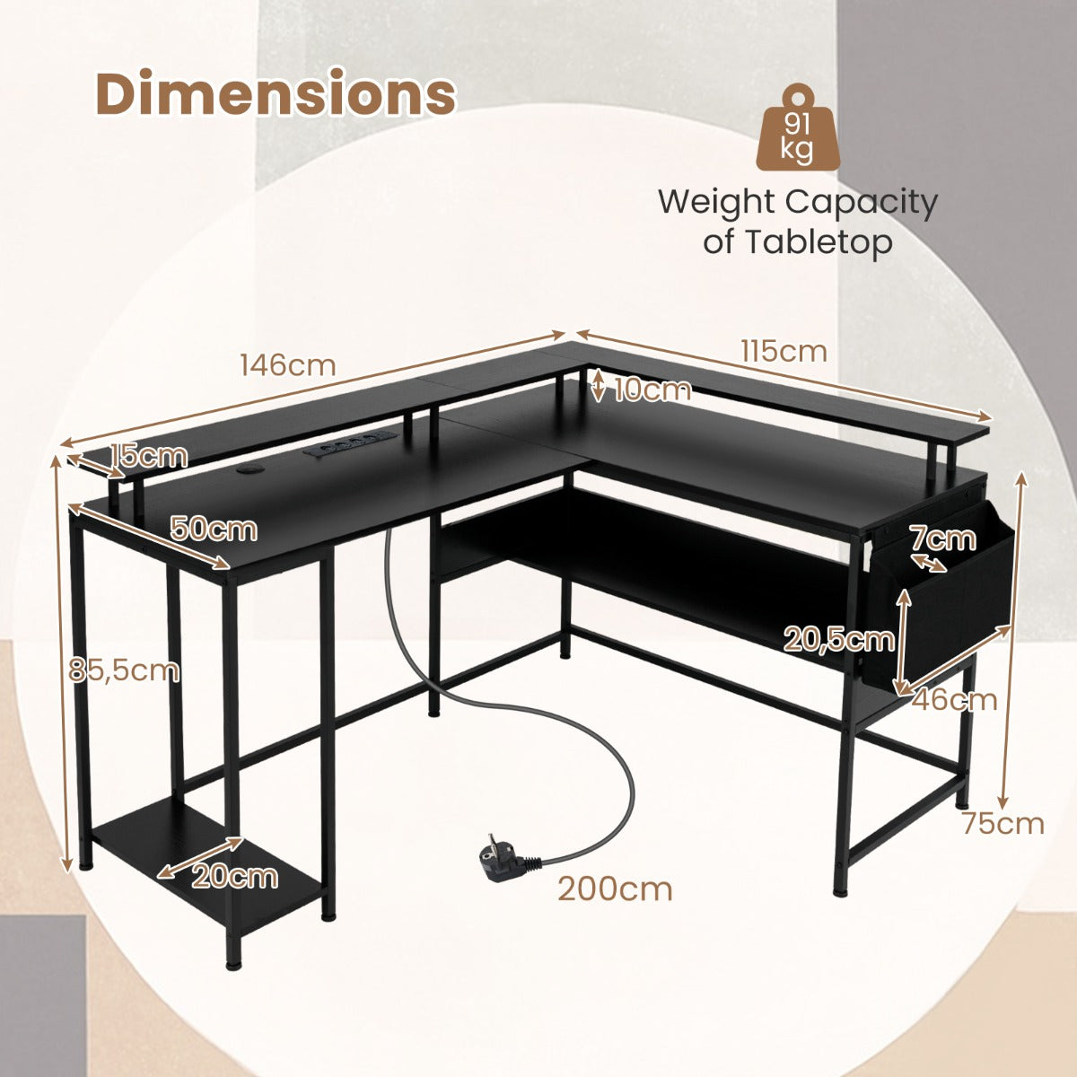 LIVSK L-vormige Gamingtafel - RGB-LED-verlichting met Afstandsbediening - Ingebouwde Stopcontacten - Zwart