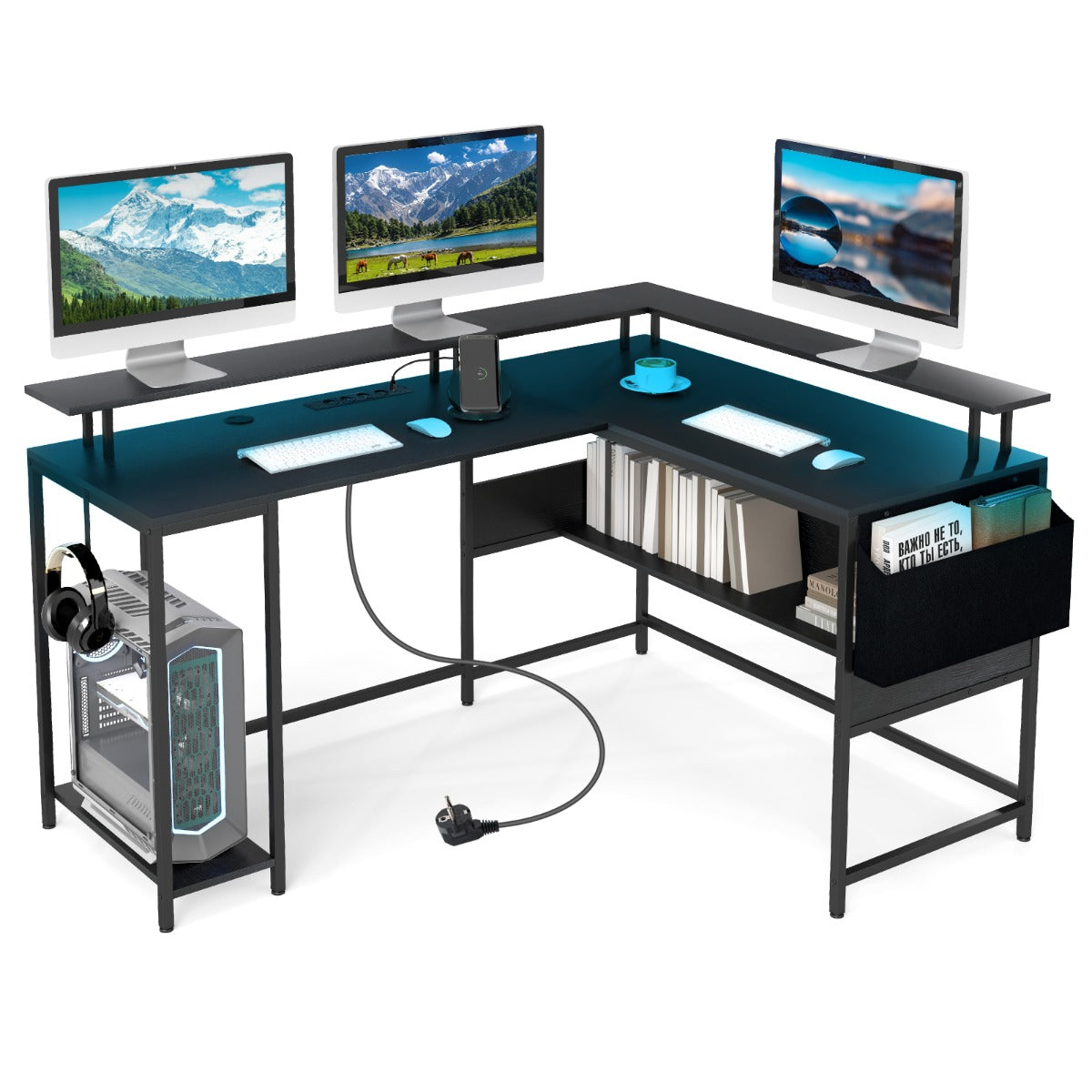 LIVSK L-vormige Gamingtafel - RGB-LED-verlichting met Afstandsbediening - Ingebouwde Stopcontacten - Zwart