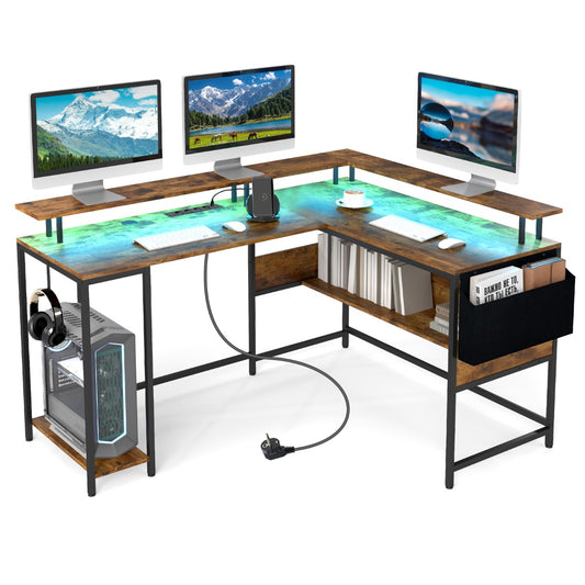 LIVSK L-vormig Gaming Bureau met RGB LED-verlichting - Ingebouwd Oplaadstation - Ergonomische Monitorstandaard - 146 x 115 x 85,5