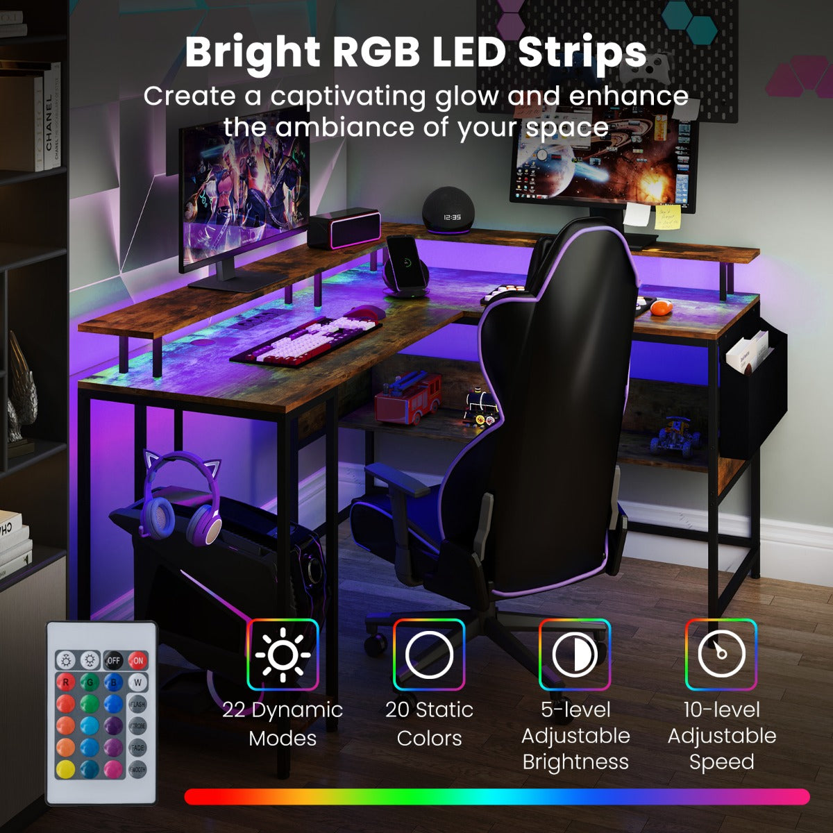 LIVSK L-vormig Gaming Bureau met RGB LED-verlichting - Ingebouwd Oplaadstation - Ergonomische Monitorstandaard - 146 x 115 x 85,5