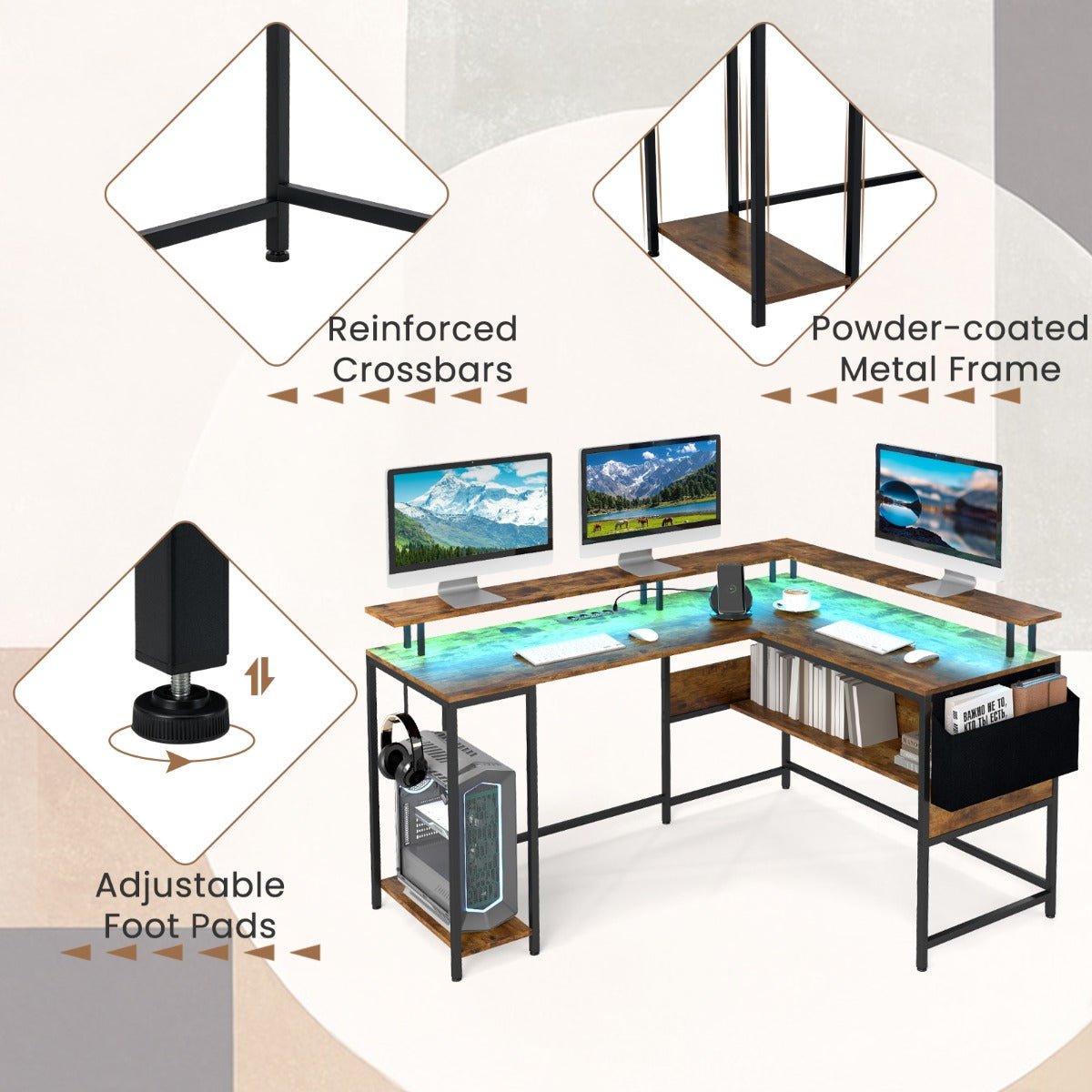 LIVSK L-vormig Gaming Bureau met RGB LED-verlichting - Ingebouwd Oplaadstation - Ergonomische Monitorstandaard - 146 x 115 x 85,5