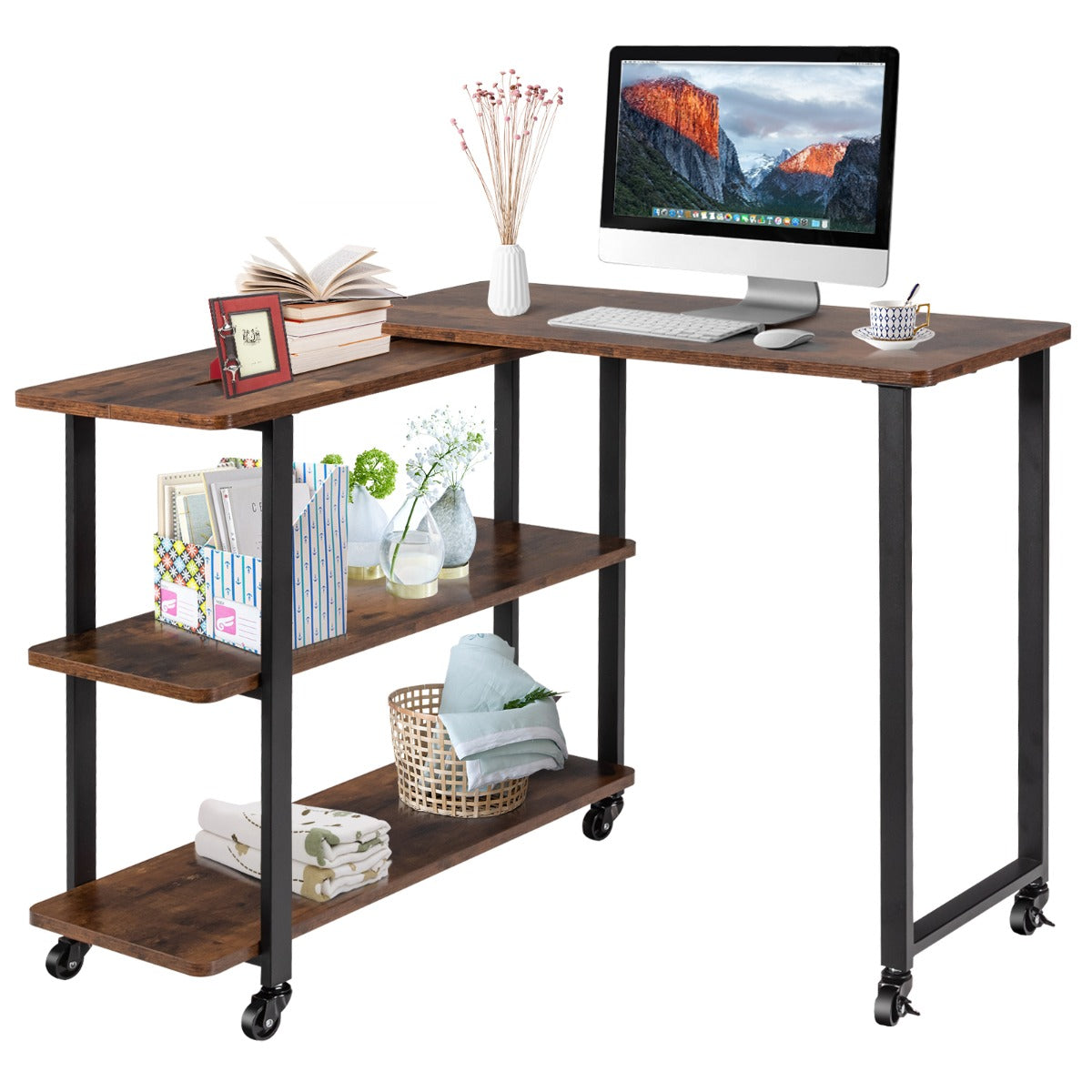 LIVSK Hoektafel met Beweegbare Plank - Stevig MDF met Stalen Frame - Vintage Industrieel - Verplaatsbaar met Wielen - Rustiek