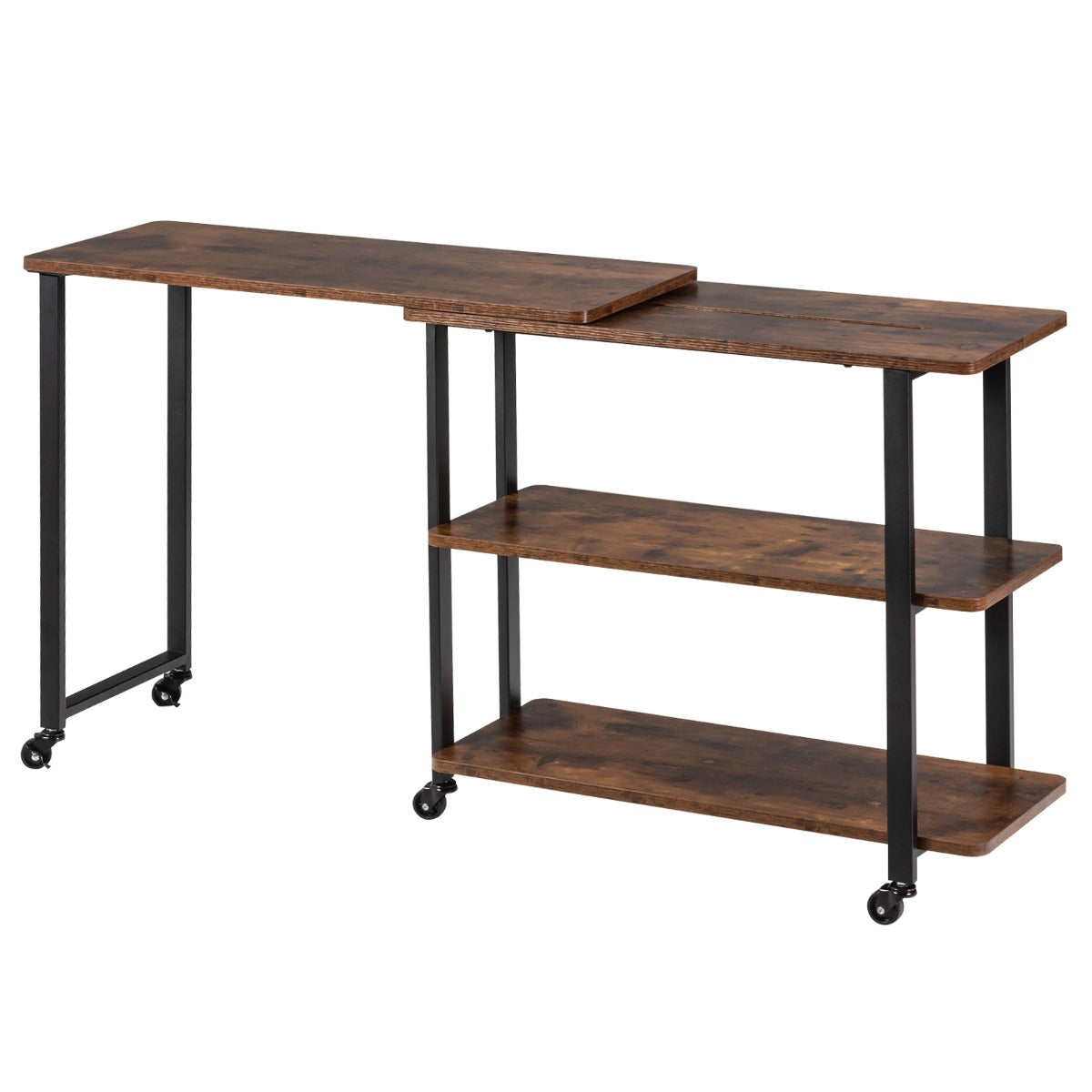 LIVSK Hoektafel met Beweegbare Plank - Stevig MDF met Stalen Frame - Vintage Industrieel - Verplaatsbaar met Wielen - Rustiek