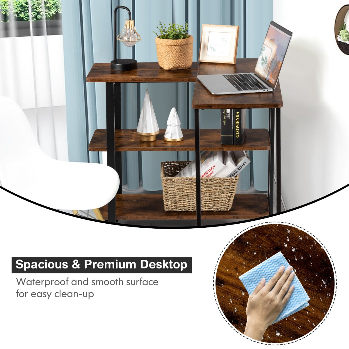 LIVSK Hoektafel met Beweegbare Plank - Stevig MDF met Stalen Frame - Vintage Industrieel - Verplaatsbaar met Wielen - Rustiek