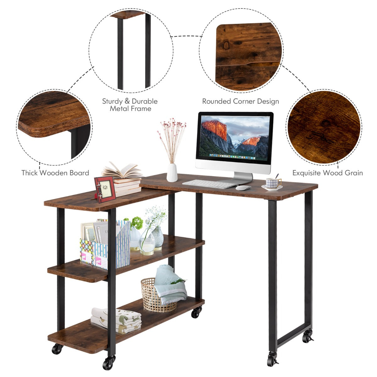 LIVSK Hoektafel met Beweegbare Plank - Stevig MDF met Stalen Frame - Vintage Industrieel - Verplaatsbaar met Wielen - Rustiek