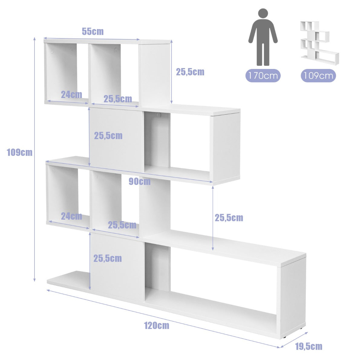 LIVSK Ladder Boekenkast met 5 Planken - Trapvormig Design - Stevig Houten Frame - Antikantelmechanisme - 120 x 19,5 x 109 cm - Wit