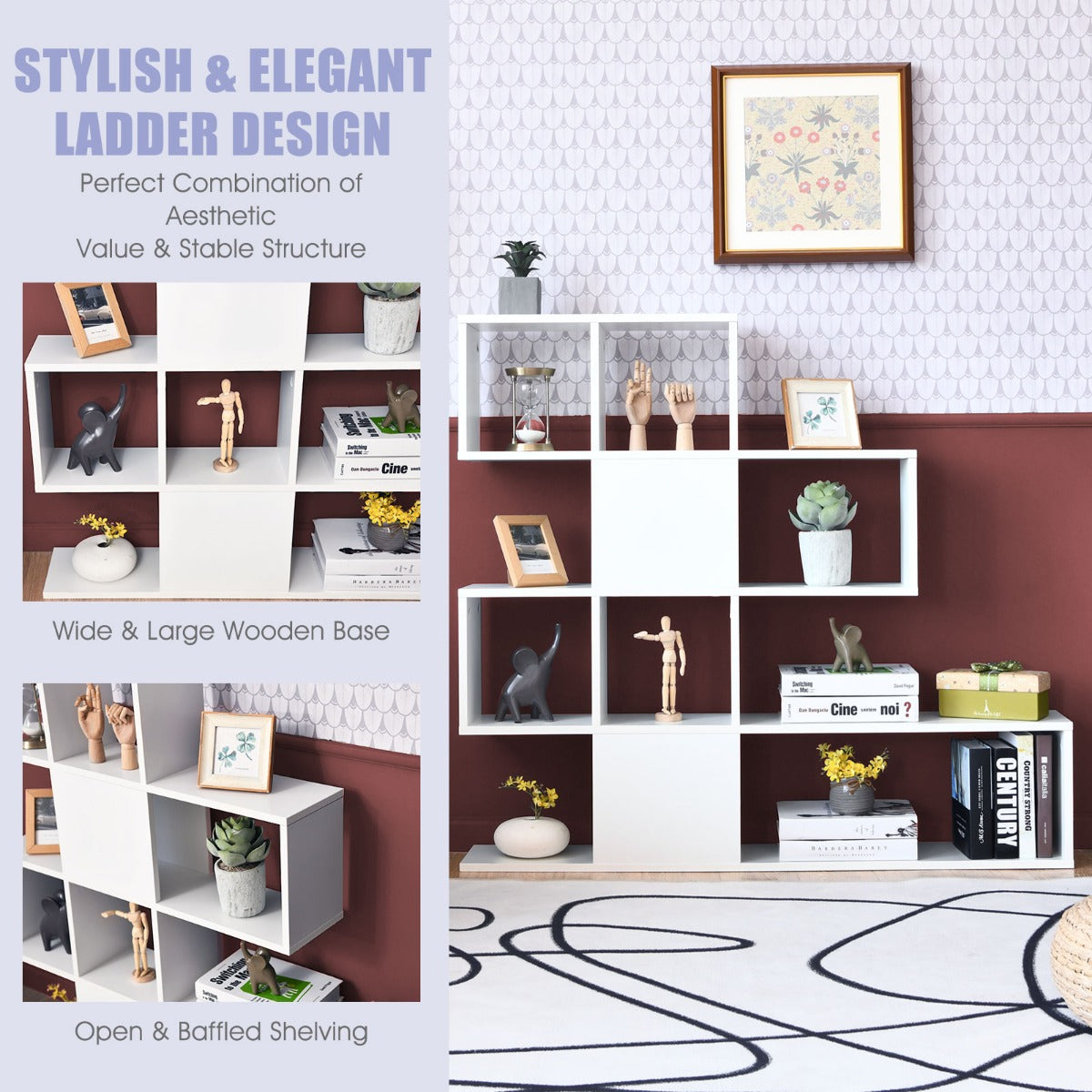 LIVSK Ladder Boekenkast met 5 Planken - Trapvormig Design - Stevig Houten Frame - Antikantelmechanisme - 120 x 19,5 x 109 cm - Wit