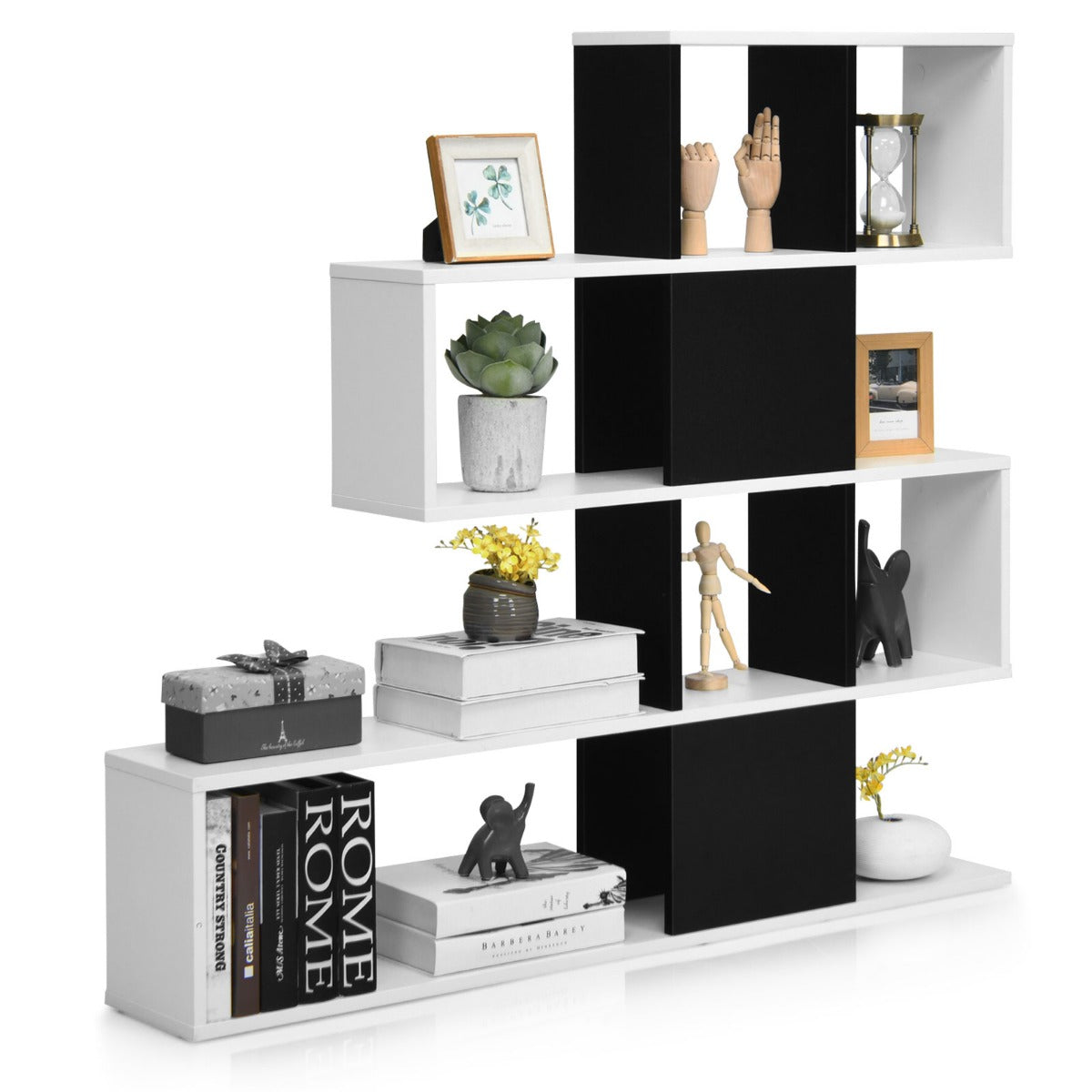 LIVSK Decoratieve Ladder Boekenkast - 5 Grote Planken - Stevig Houten Frame - Anti-kantelmechanisme - Zwart & Wit