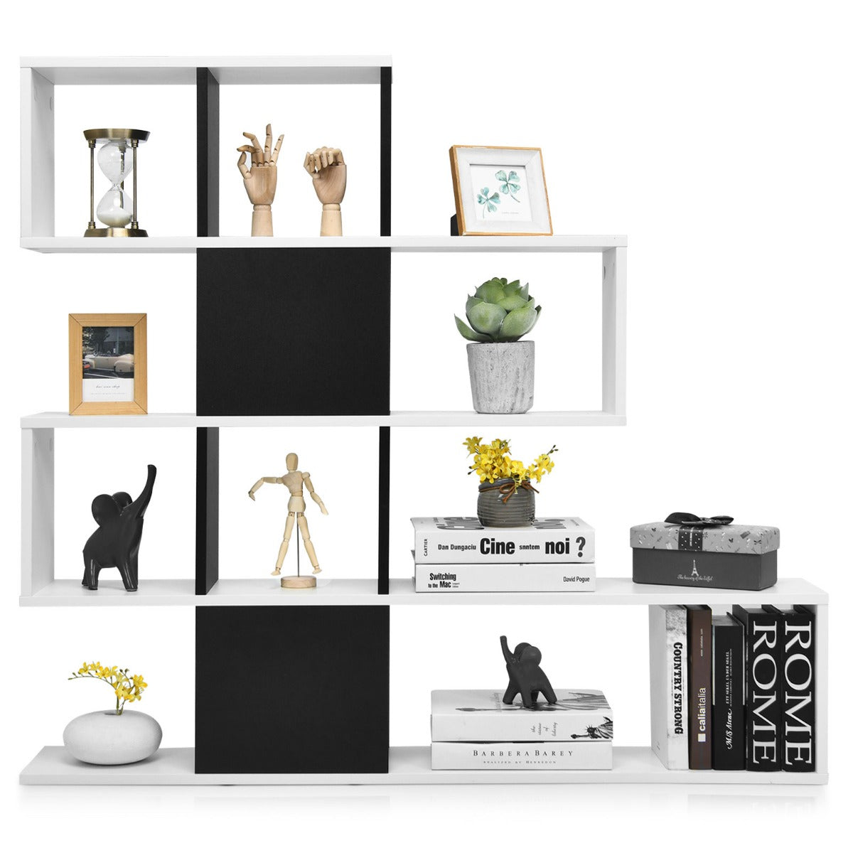 LIVSK Decoratieve Ladder Boekenkast - 5 Grote Planken - Stevig Houten Frame - Anti-kantelmechanisme - Zwart & Wit