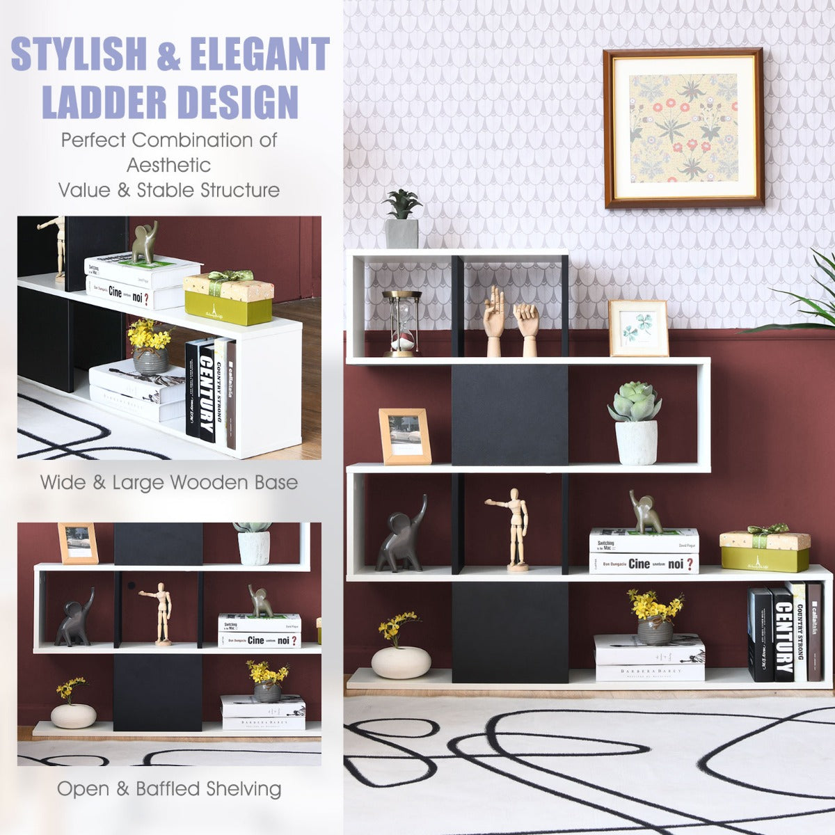 LIVSK Decoratieve Ladder Boekenkast - 5 Grote Planken - Stevig Houten Frame - Anti-kantelmechanisme - Zwart & Wit