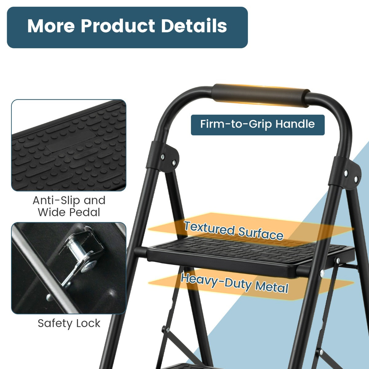 LIVSK Inklapbare Trapladder - 2 Treden - Antislip Treden - Gevoerde Handgreep - Draagkracht 265 kg - Zwart