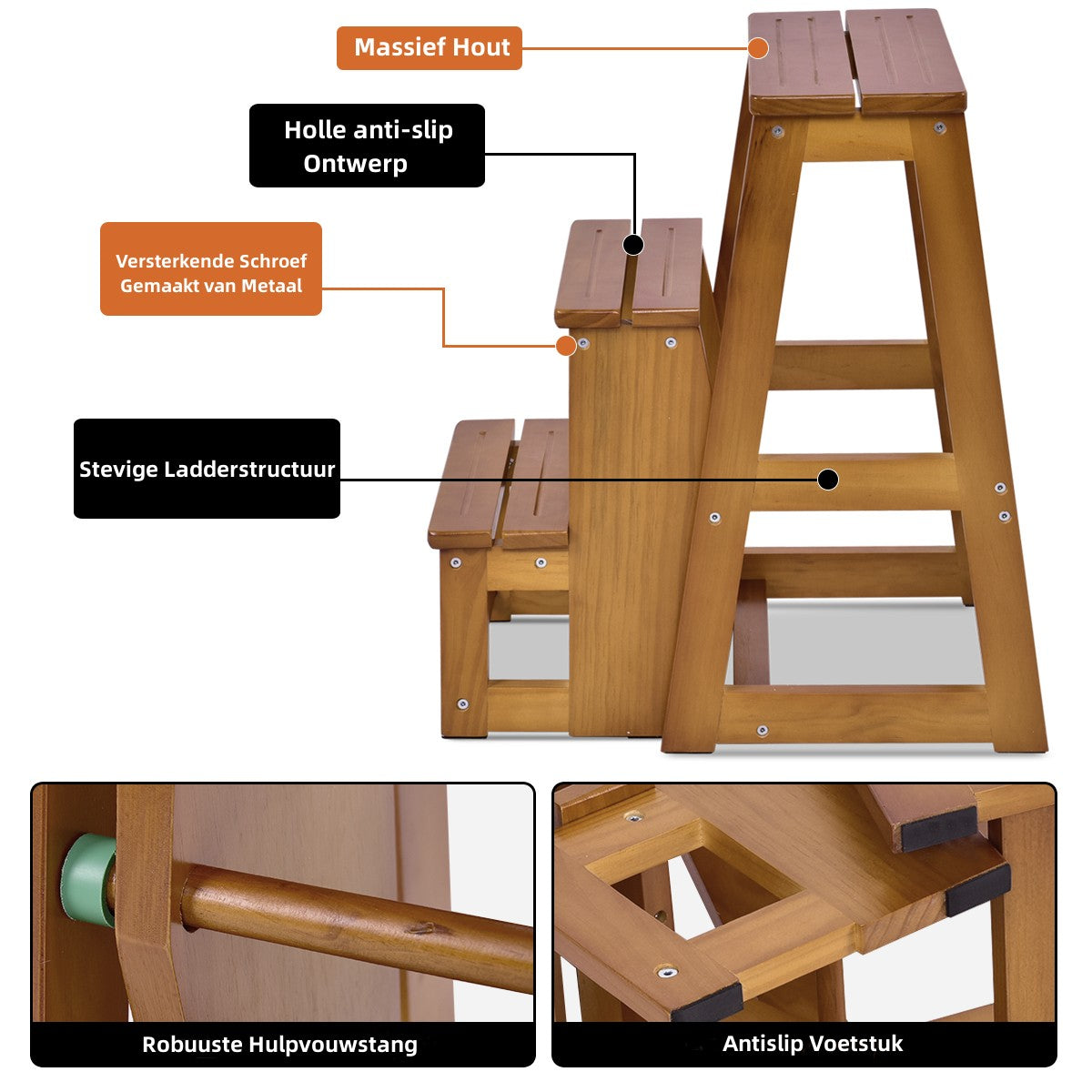 LIVSK Opvouwbare Opstapkruk - Massief Geolied Grenenhout - 3 Brede Treden - Ruimtebesparend - Comfortabel - 57 x 38 x 66 cm -