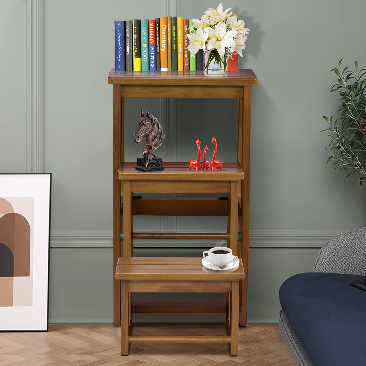 LIVSK Opvouwbare Opstapkruk - Massief Geolied Grenenhout - 3 Brede Treden - Ruimtebesparend - Comfortabel - 57 x 38 x 66 cm -