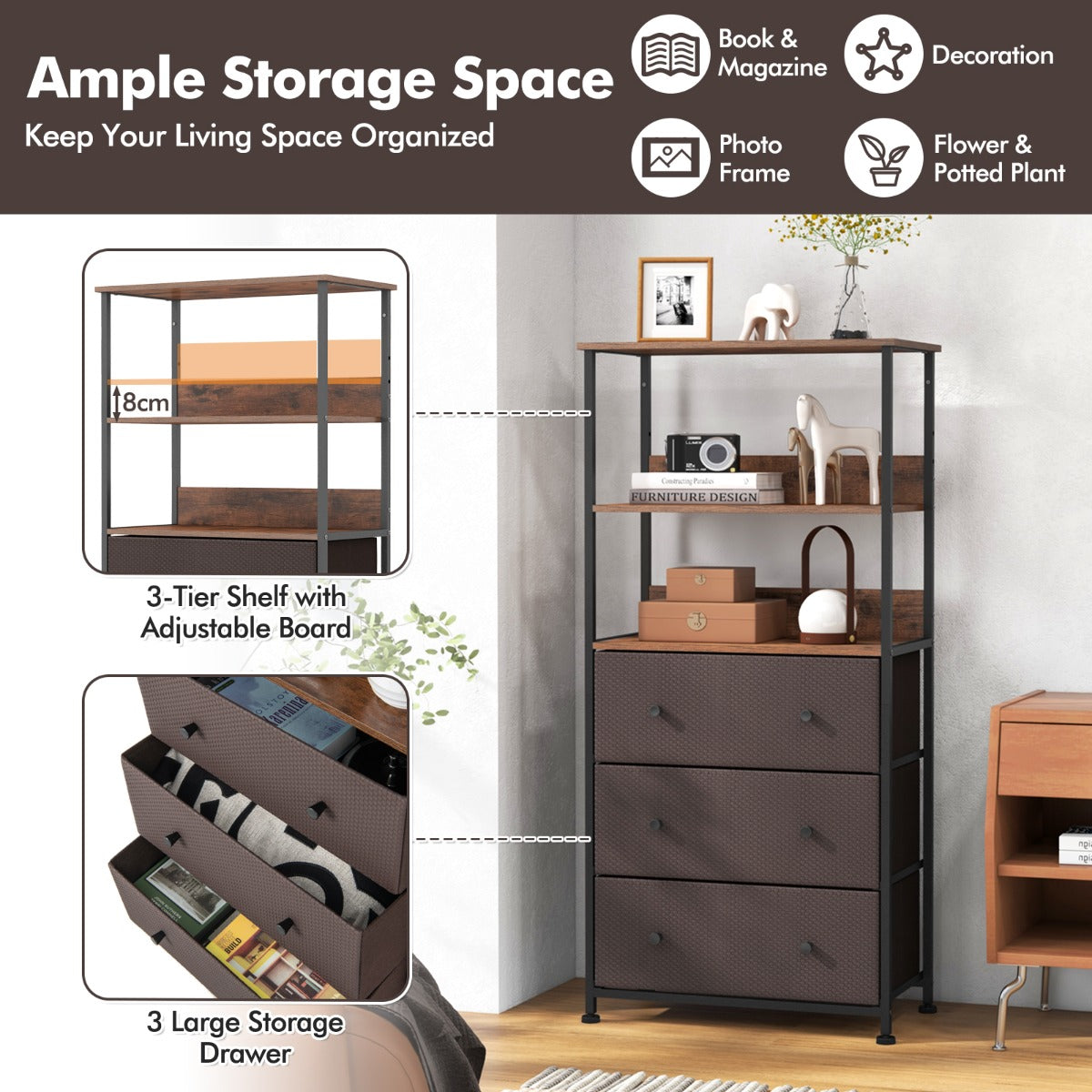 LIVSK Metalen Ladekast 3 Lades - Duurzaam Frame met 2 Anti-Kantelvoorzieningen - Verstelbare Poten - 56,5 x 30 x 117 cm - Rustiek