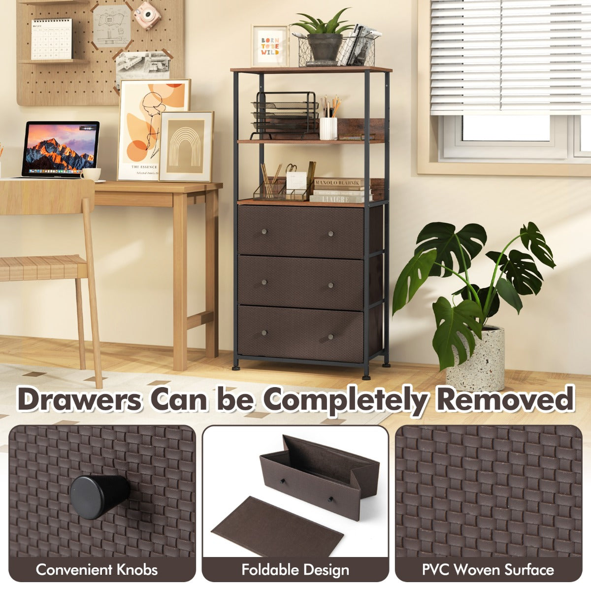 LIVSK Metalen Ladekast 3 Lades - Duurzaam Frame met 2 Anti-Kantelvoorzieningen - Verstelbare Poten - 56,5 x 30 x 117 cm - Rustiek