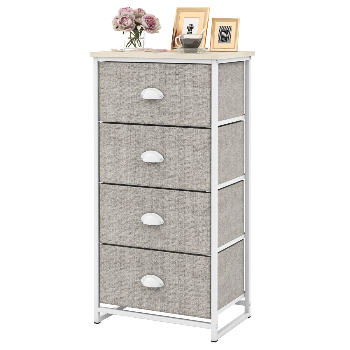 LIVSK Dressoir met 4 Opvouwbare Lades - Stevig Metaal en MDF - Modern Design - Eenvoudige Montage - Wit + Lichtgrijs