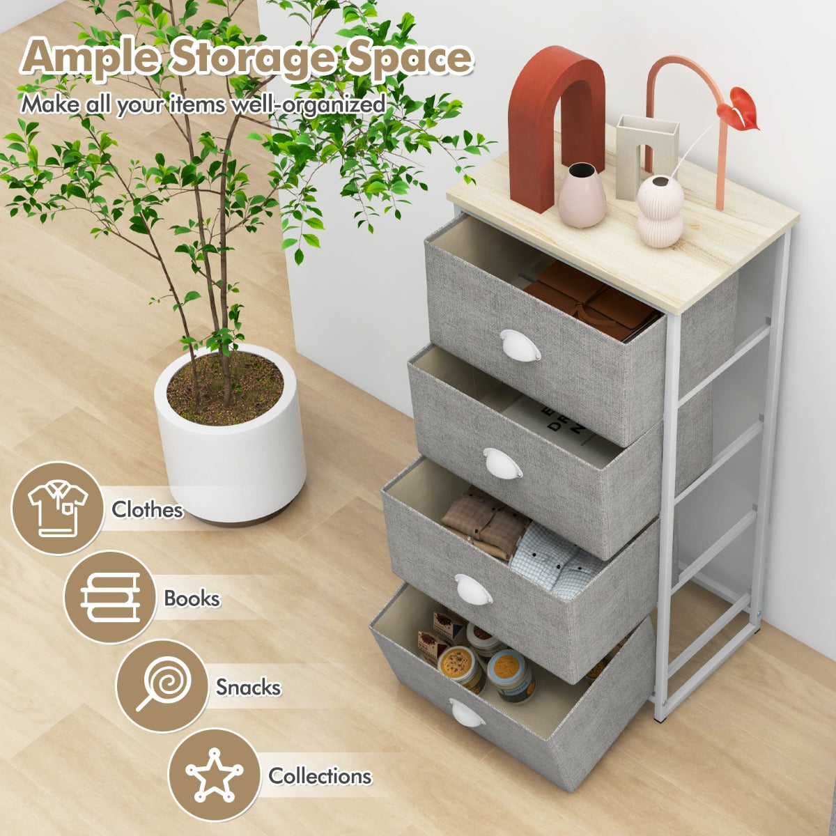 LIVSK Dressoir met 4 Opvouwbare Lades - Stevig Metaal en MDF - Modern Design - Eenvoudige Montage - Wit + Lichtgrijs