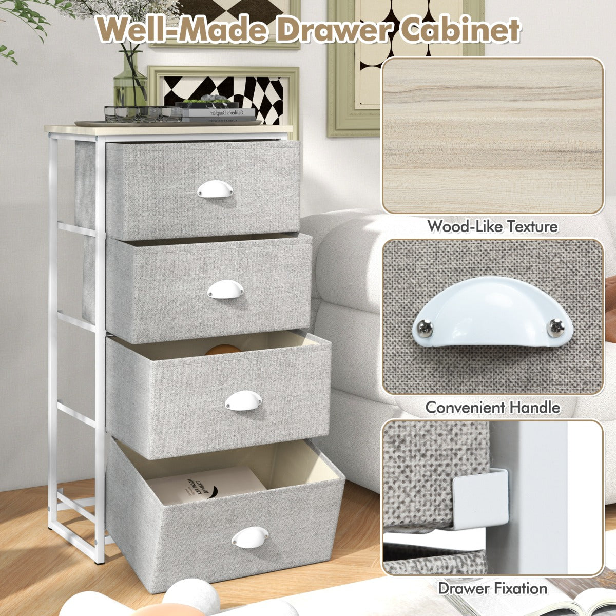 LIVSK Dressoir met 4 Opvouwbare Lades - Stevig Metaal en MDF - Modern Design - Eenvoudige Montage - Wit + Lichtgrijs