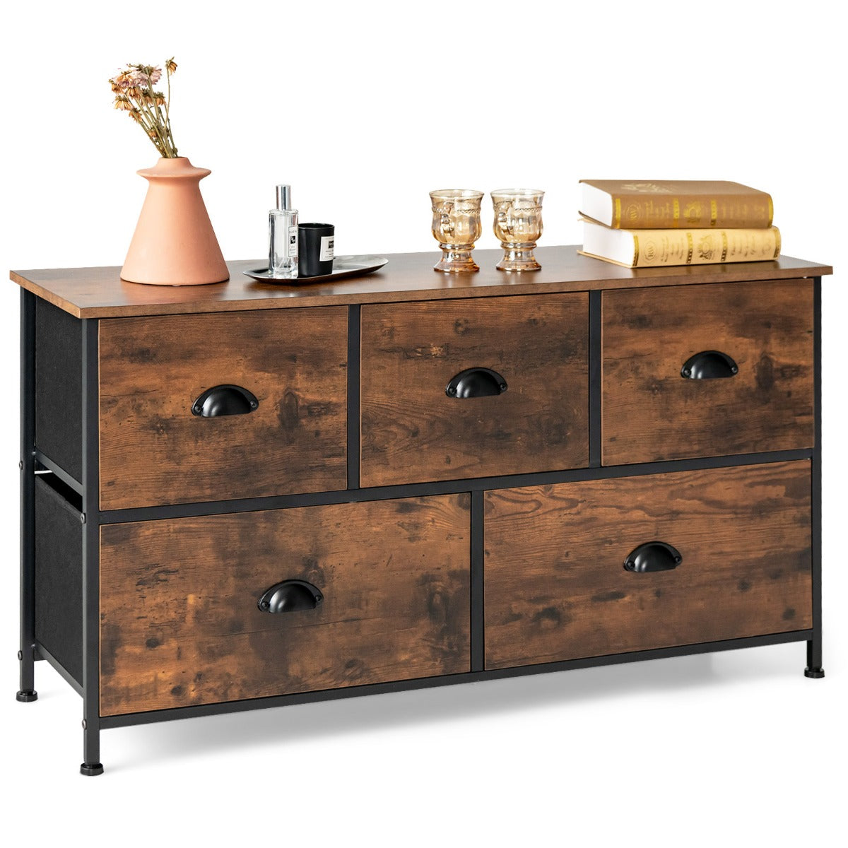 LIVSK Rustieke Opvouwbare Ladekast - 5 Lades met Metalen Handgrepen - Ruim Tafelblad 100 x 30 cm - Duurzaam Stalen Frame - Bruin