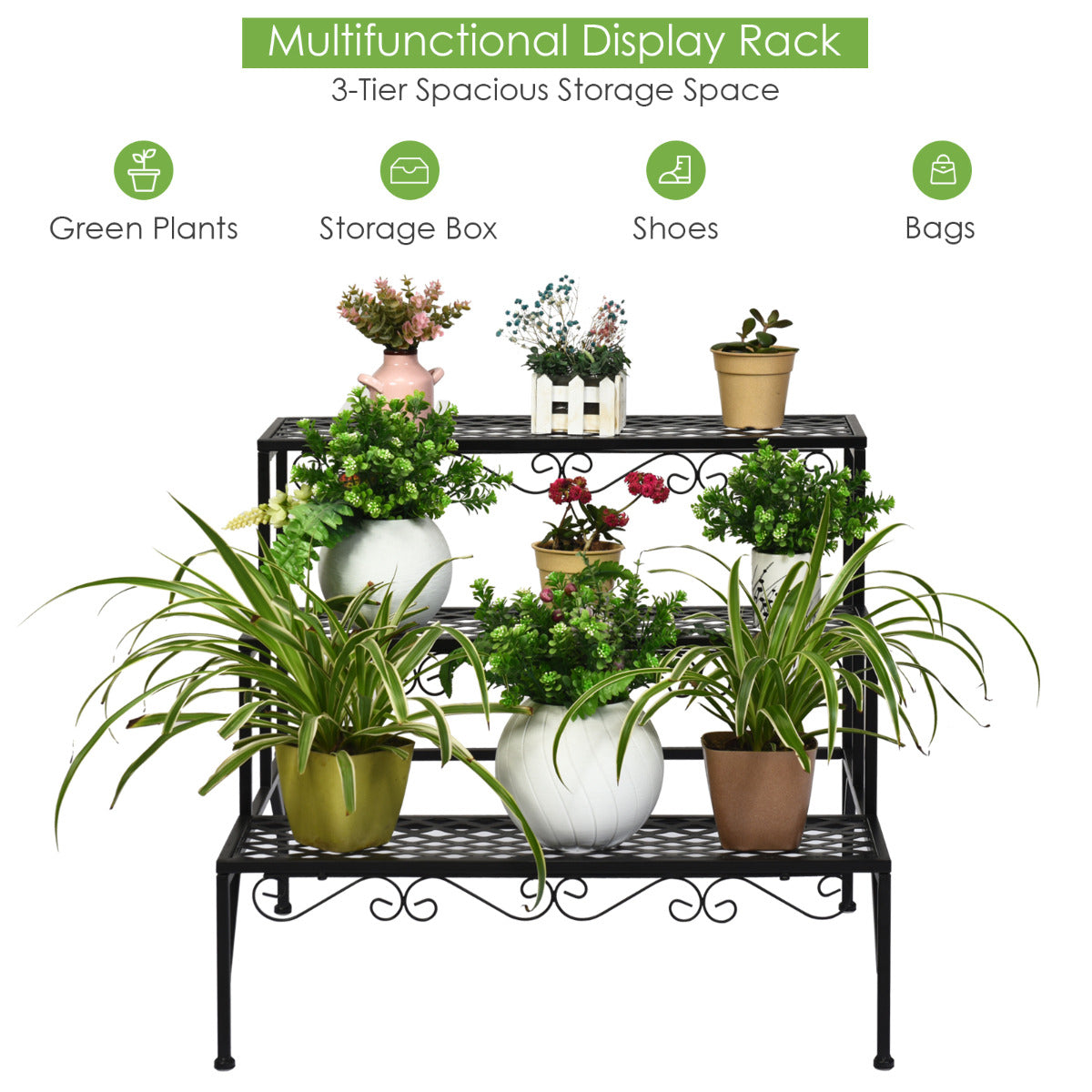 LIVSK Plantenstandaard met 3 Rijen - Stevig Metaal - Roest- en Weerbestendig - Modern Design - 70 x 60 x 60,5 cm - Zwart