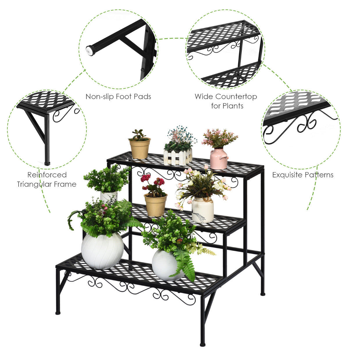 LIVSK Plantenstandaard met 3 Rijen - Stevig Metaal - Roest- en Weerbestendig - Modern Design - 70 x 60 x 60,5 cm - Zwart